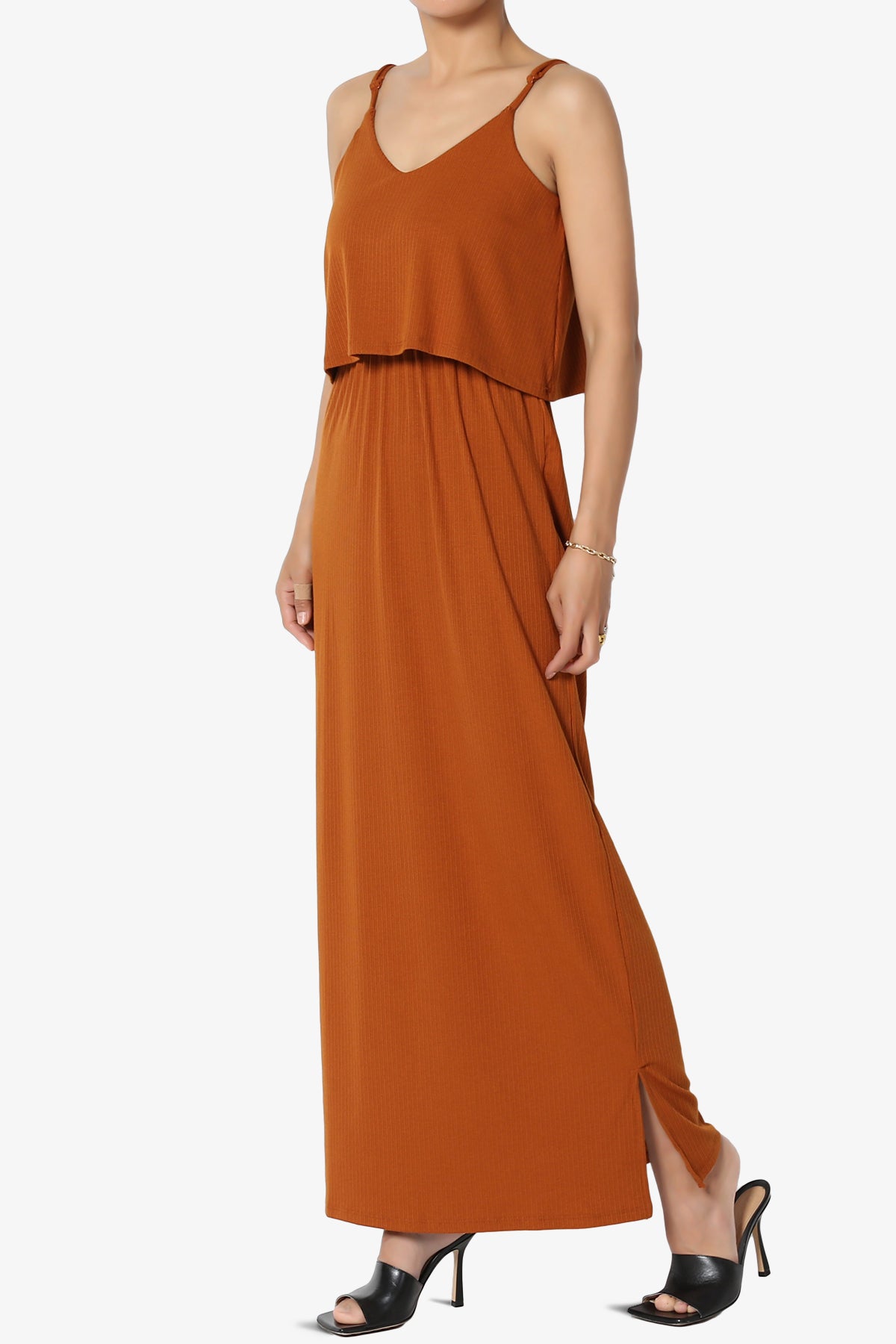 Load image into Gallery viewer, Elore Cami Overlay Ribbed Slit Maxi Dress ALMOND_3
