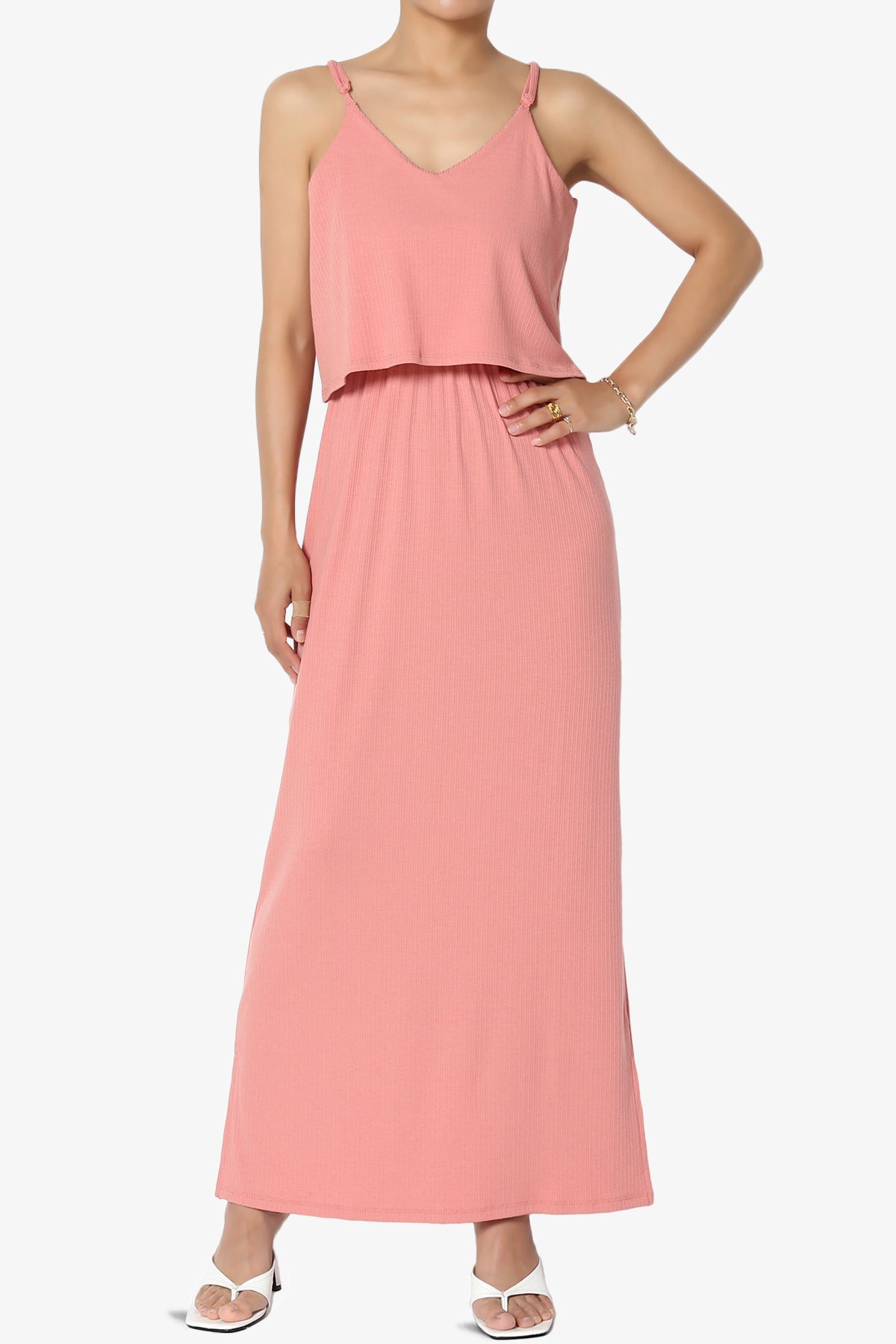 Load image into Gallery viewer, Elore Cami Overlay Ribbed Slit Maxi Dress ASH ROSE_1
