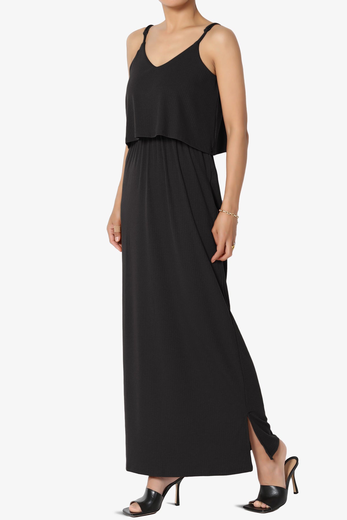 Elore Cami Overlay Ribbed Slit Maxi Dress BLACK_3