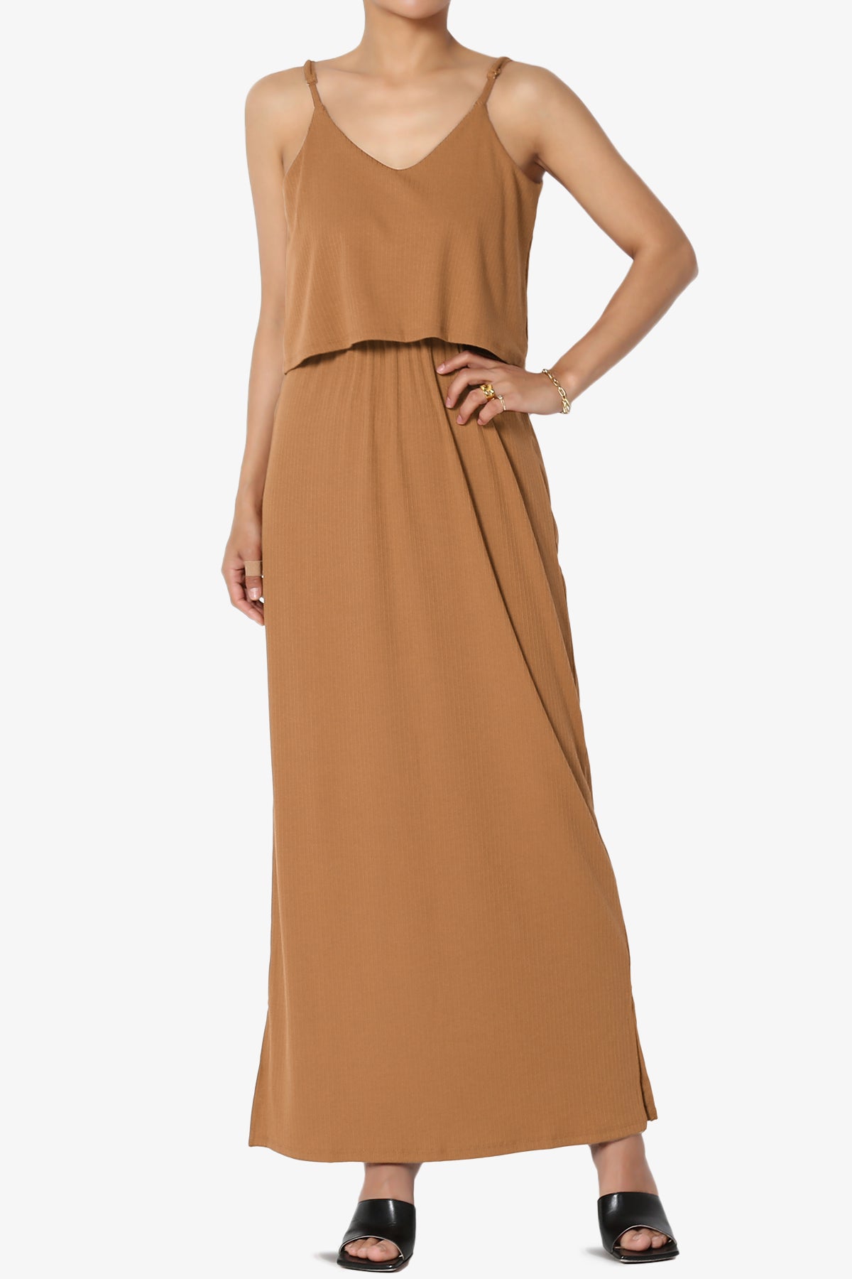 Load image into Gallery viewer, Elore Cami Overlay Ribbed Slit Maxi Dress DEEP CAMEL_1
