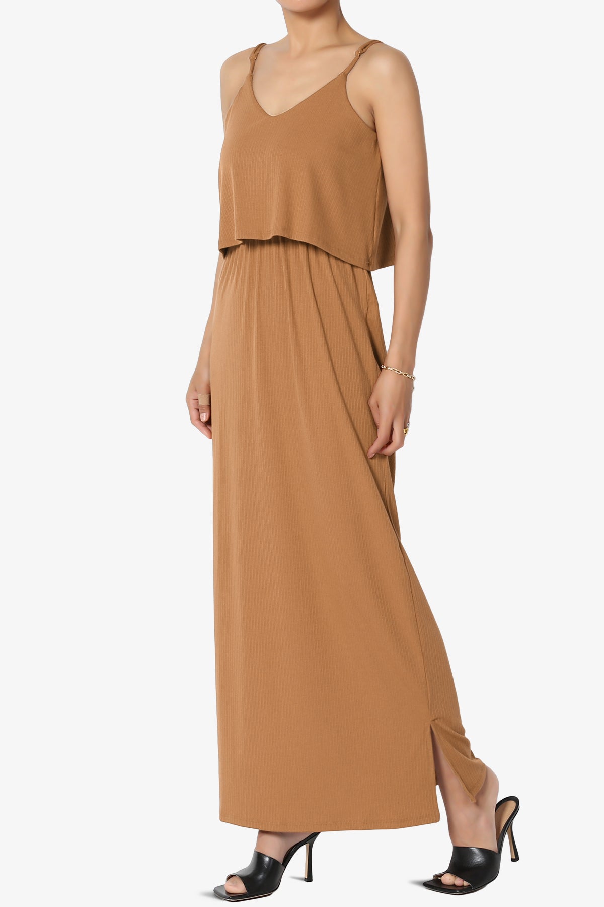 Elore Cami Overlay Ribbed Slit Maxi Dress DEEP CAMEL_3