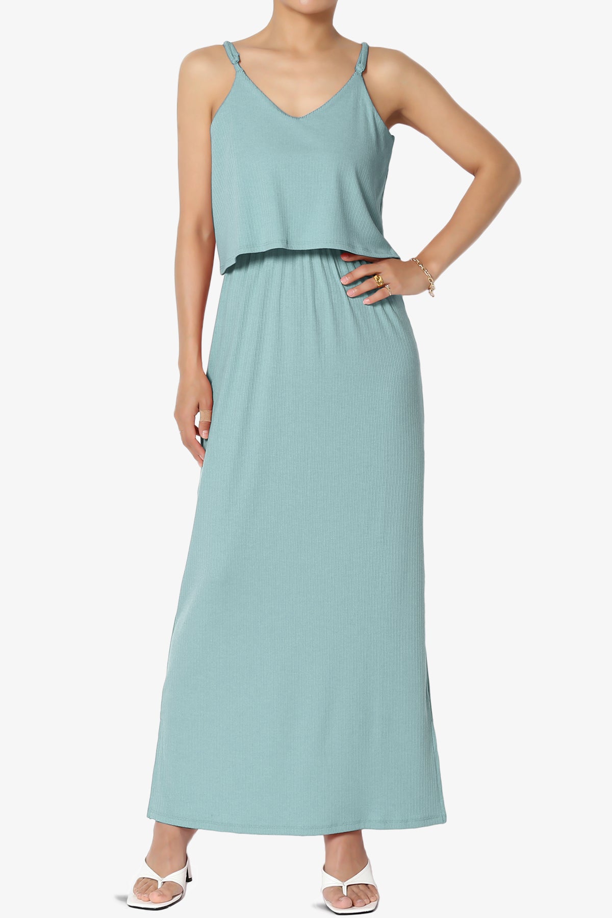 Elore Cami Overlay Ribbed Slit Maxi Dress DUSTY BLUE_1