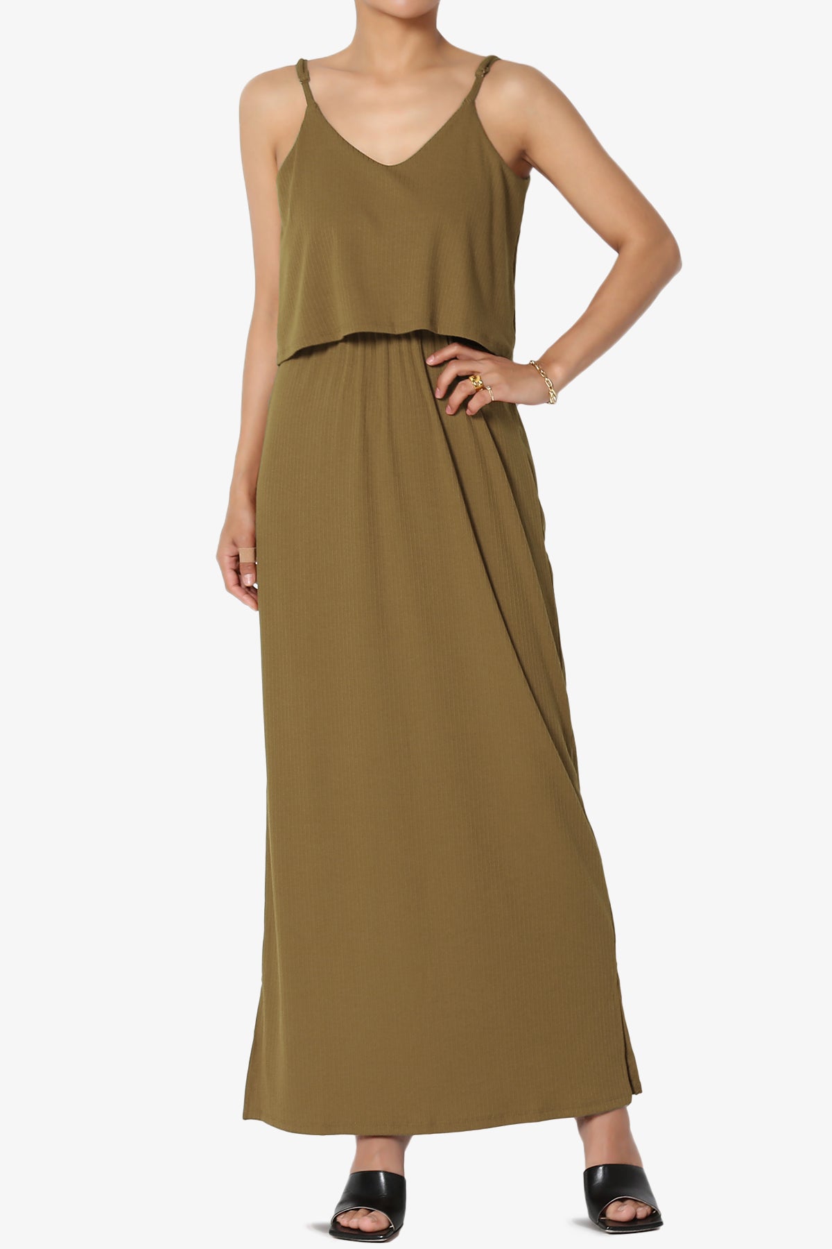 Elore Cami Overlay Ribbed Slit Maxi Dress OLIVE KHAKI_1