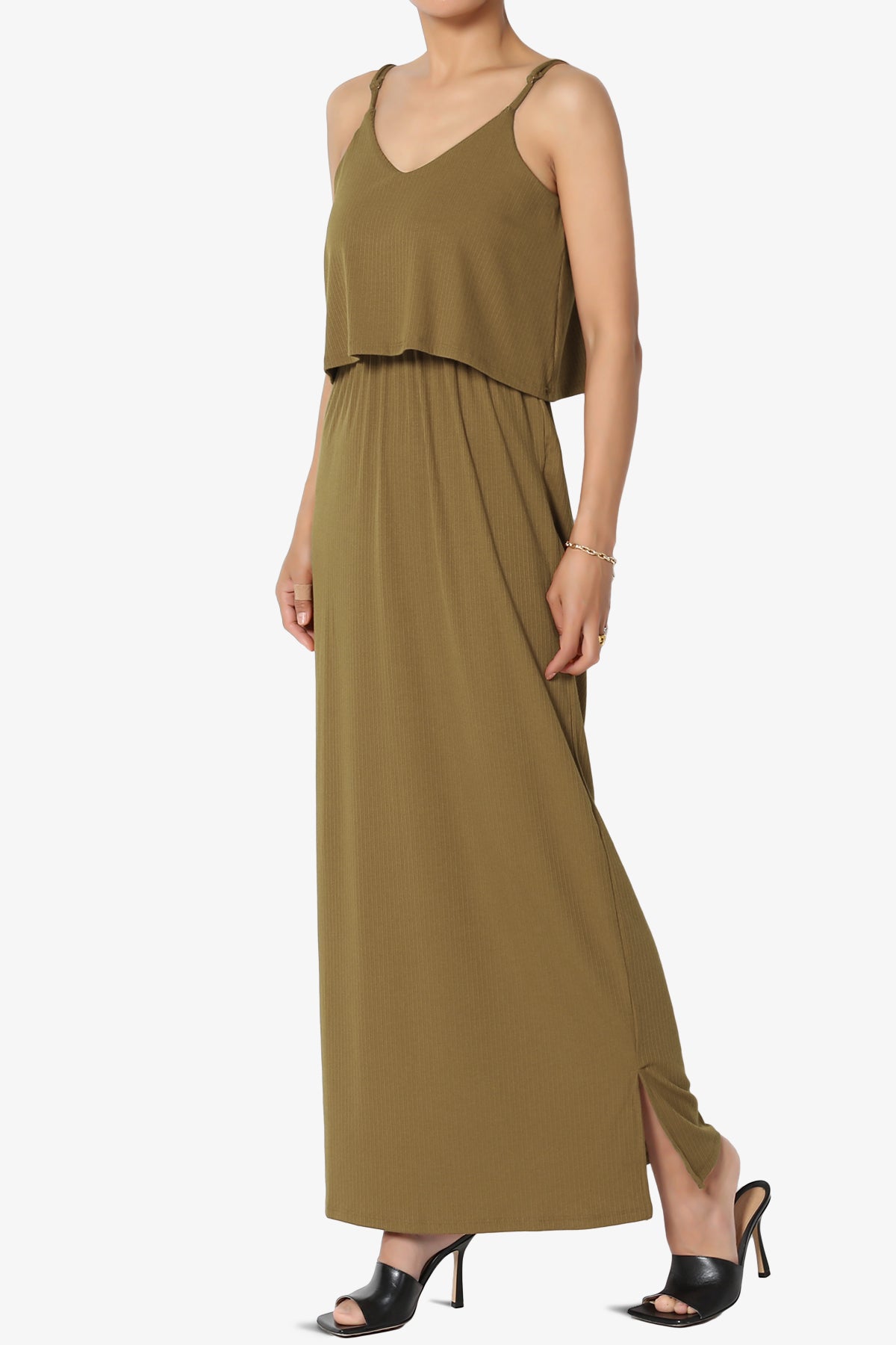 Load image into Gallery viewer, Elore Cami Overlay Ribbed Slit Maxi Dress OLIVE KHAKI_3
