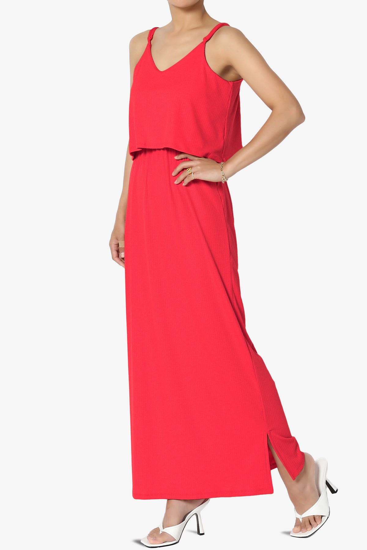Load image into Gallery viewer, Elore Cami Overlay Ribbed Slit Maxi Dress RED_3
