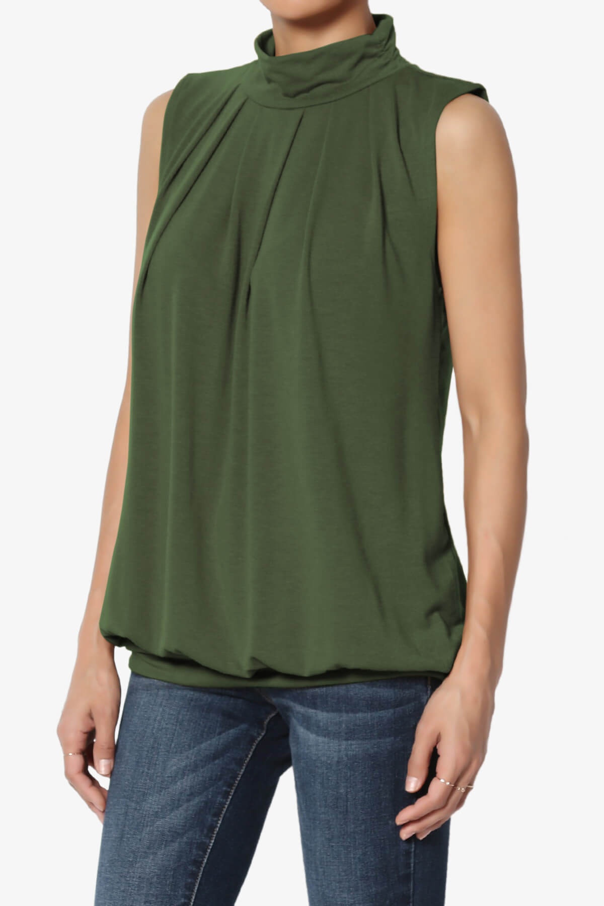 Load image into Gallery viewer, Jibbitz Sleeveless Mock Neck Pleated Top ARMY GREEN_3
