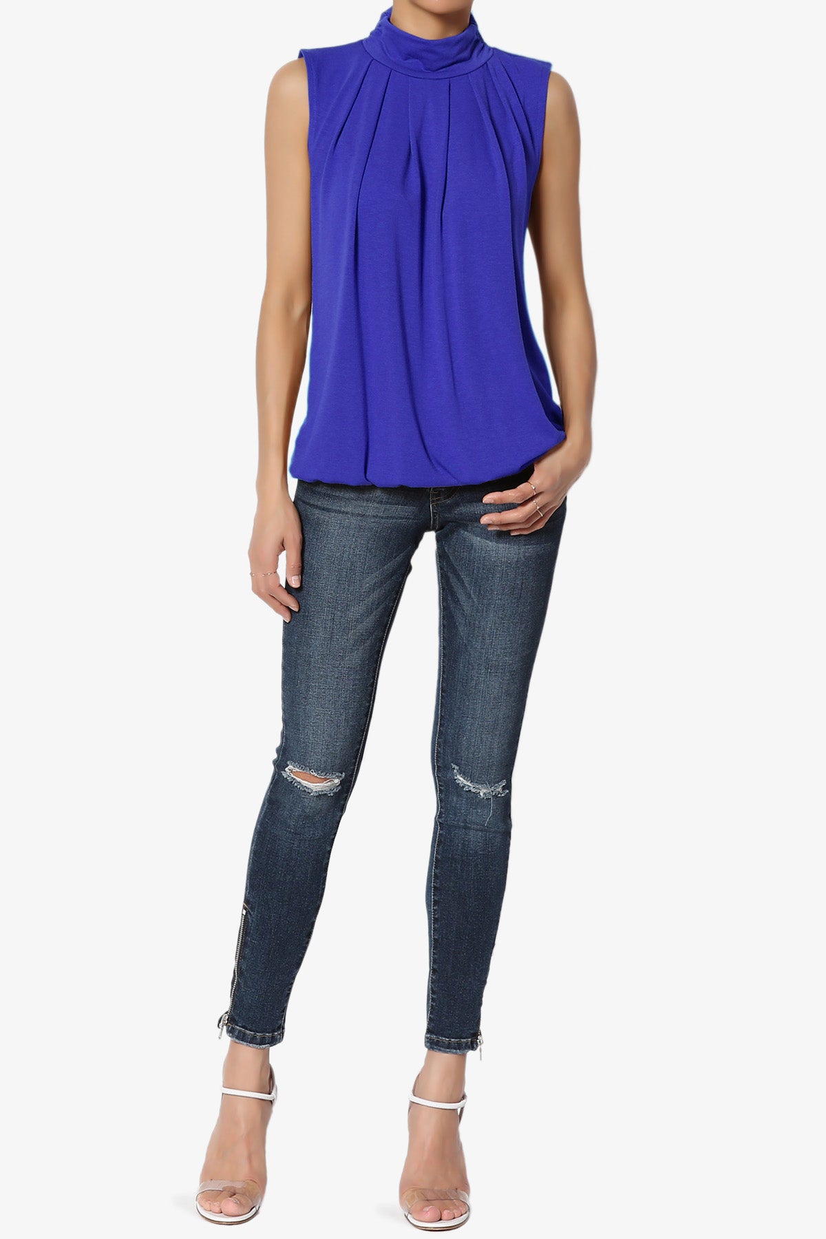 Load image into Gallery viewer, Jibbitz Sleeveless Mock Neck Pleated Top BRIGHT BLUE_6
