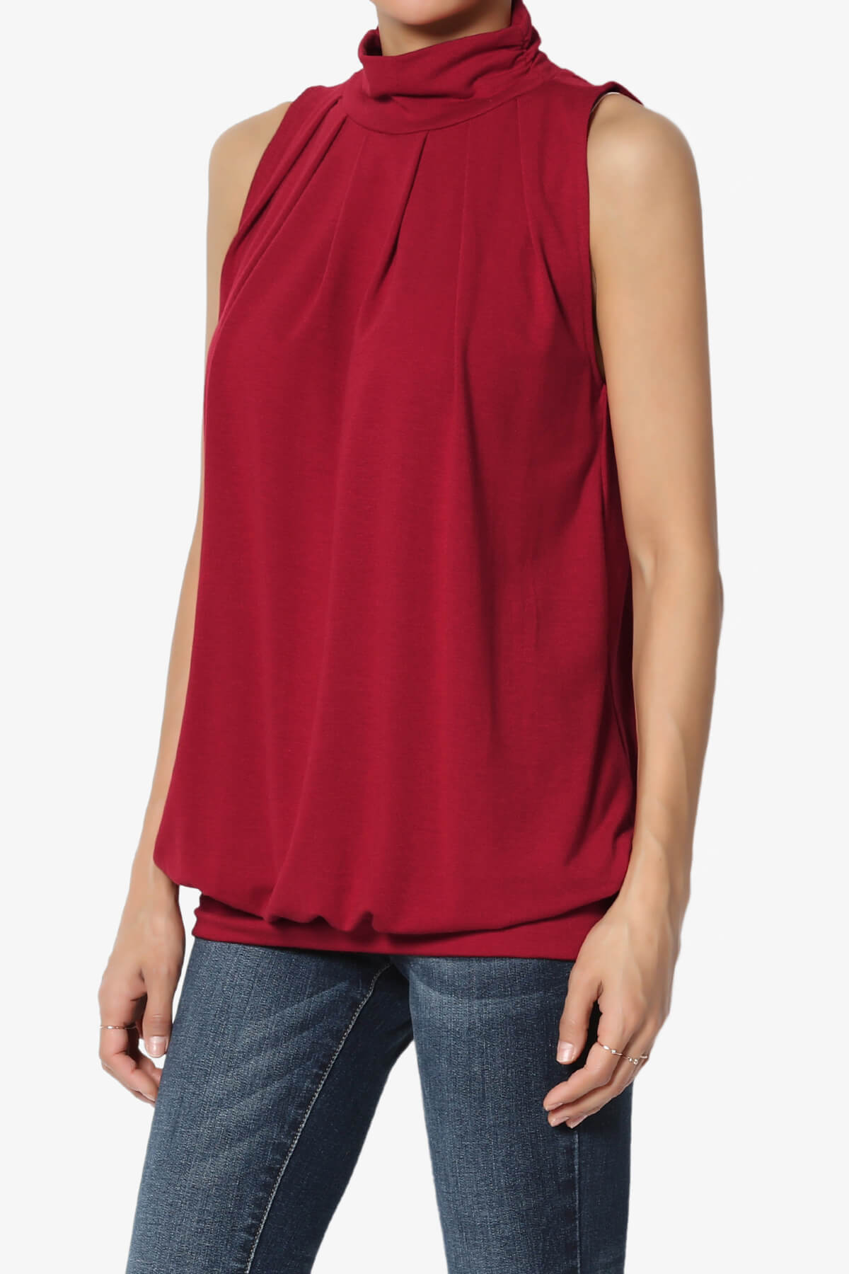 Load image into Gallery viewer, Jibbitz Sleeveless Mock Neck Pleated Top BURGUNDY_3
