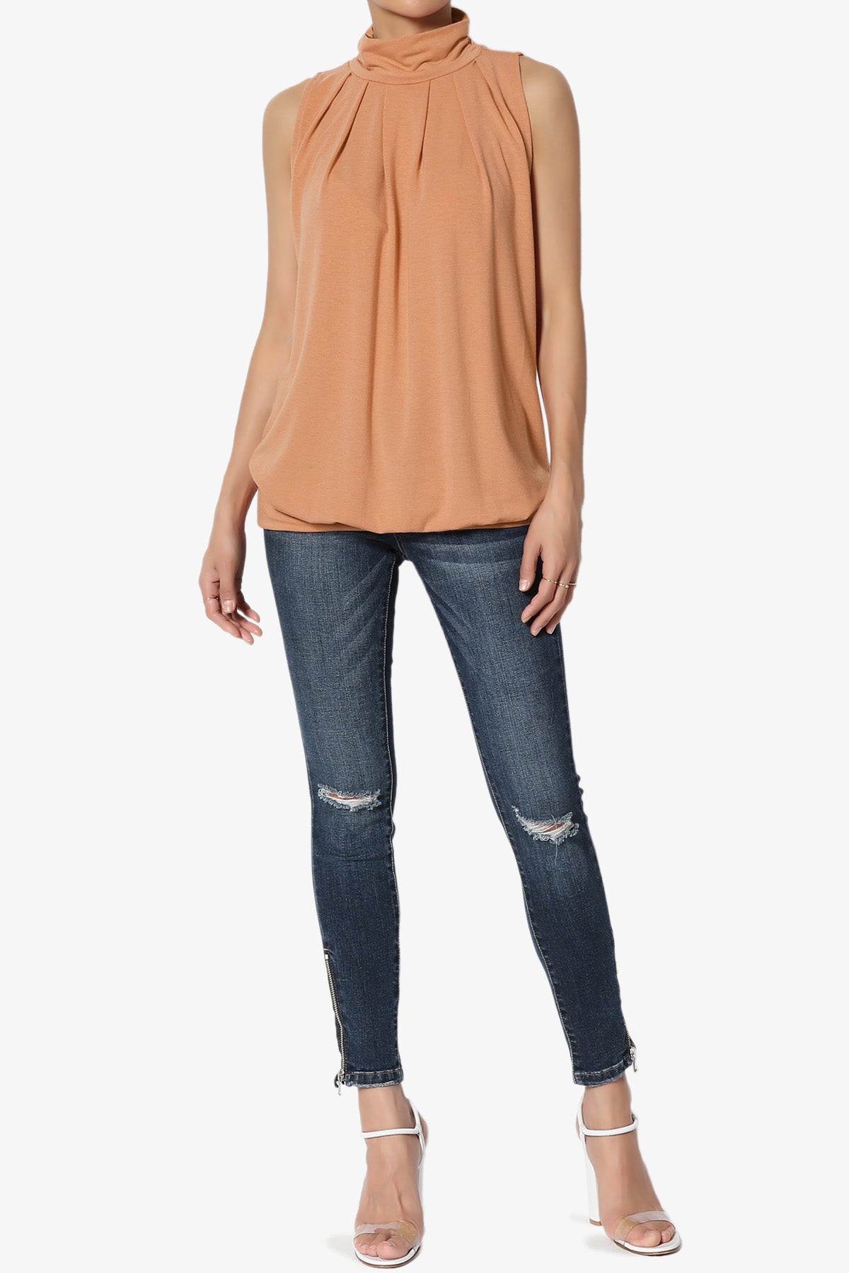 Load image into Gallery viewer, Jibbitz Sleeveless Mock Neck Pleated Top BUTTER ORANGE_6
