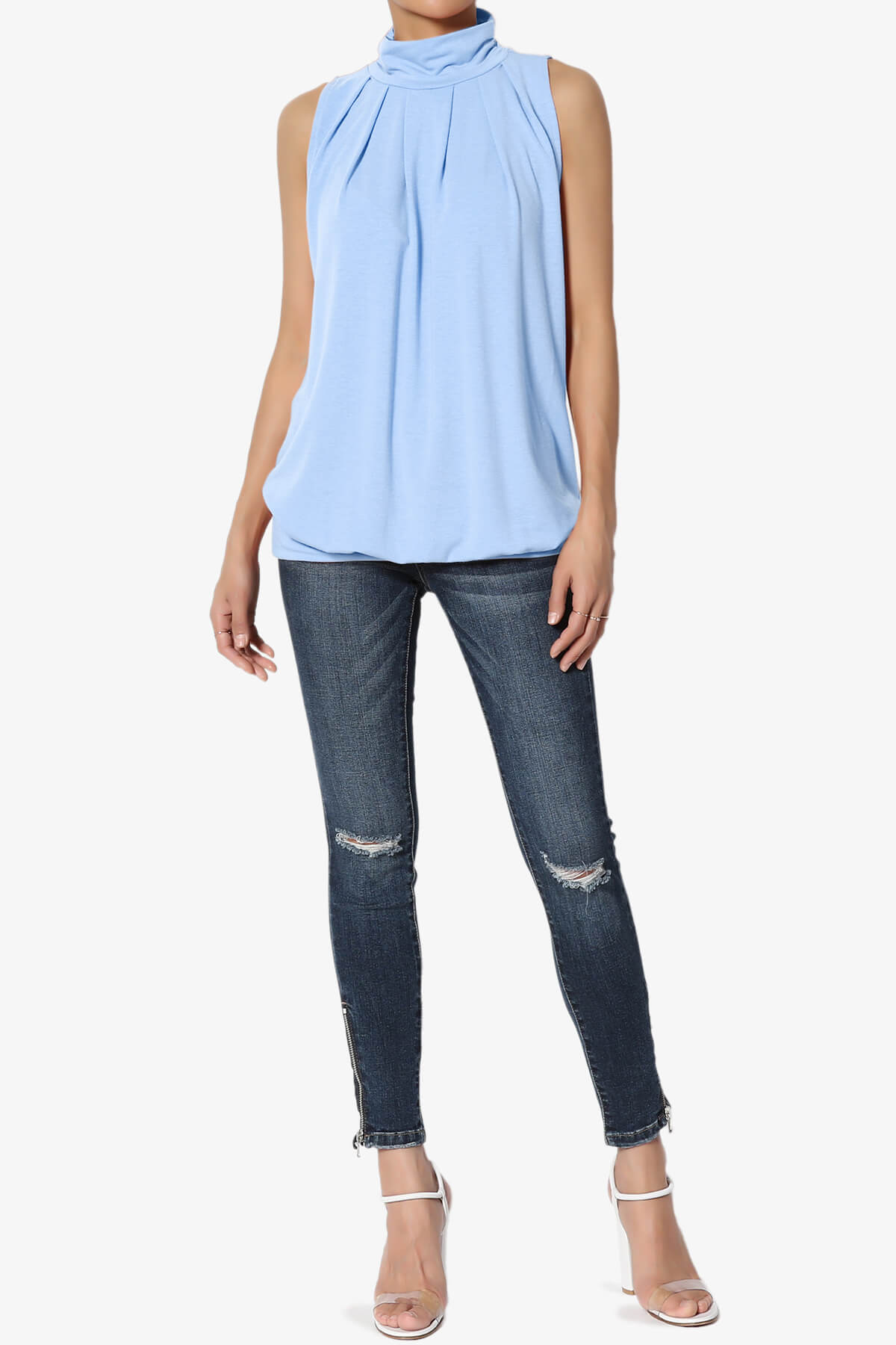 Load image into Gallery viewer, Jibbitz Sleeveless Mock Neck Pleated Top LIGHT BLUE_6
