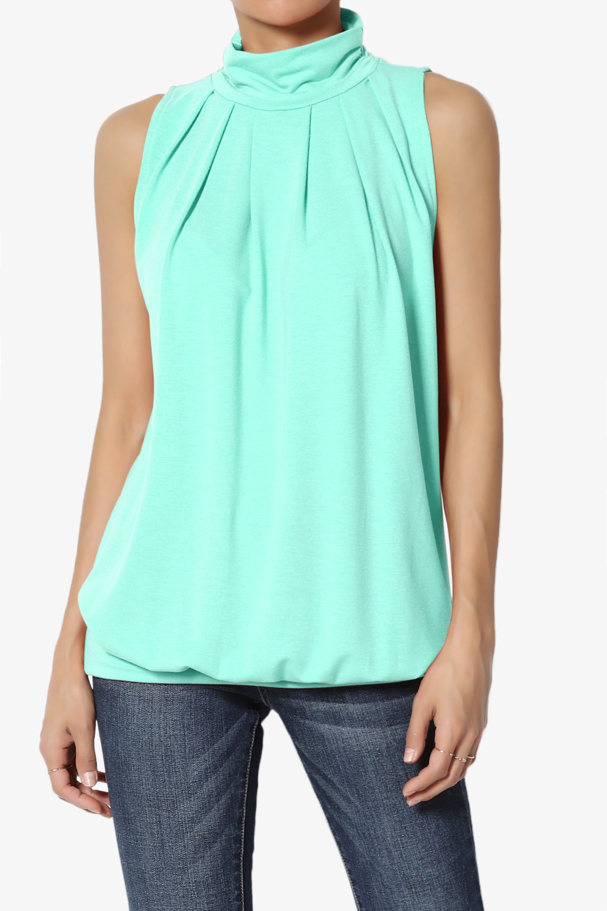 Load image into Gallery viewer, Jibbitz Sleeveless Mock Neck Pleated Top MINT_1
