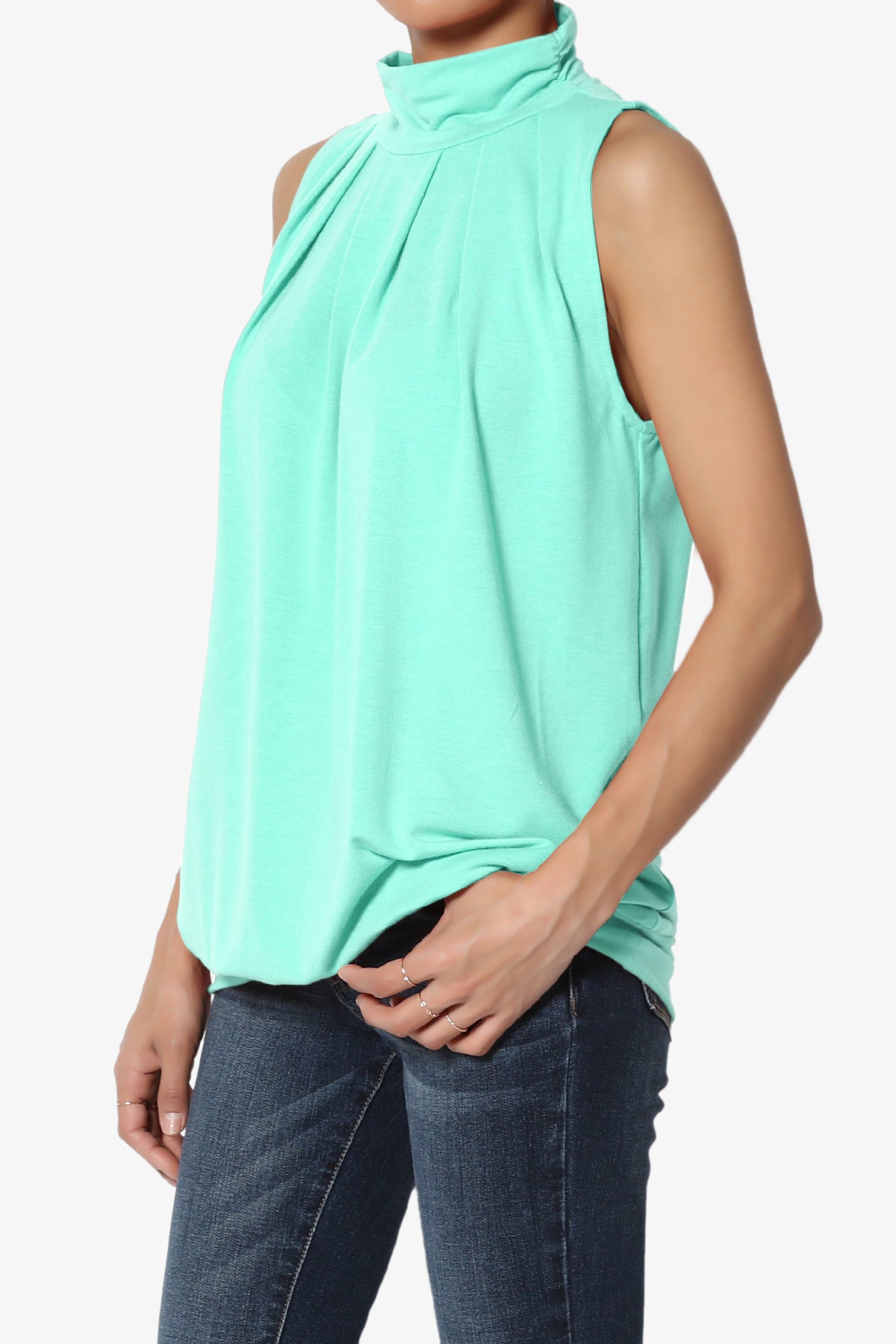 Load image into Gallery viewer, Jibbitz Sleeveless Mock Neck Pleated Top MINT_3
