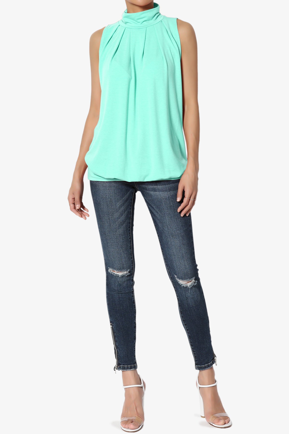 Load image into Gallery viewer, Jibbitz Sleeveless Mock Neck Pleated Top MINT_6
