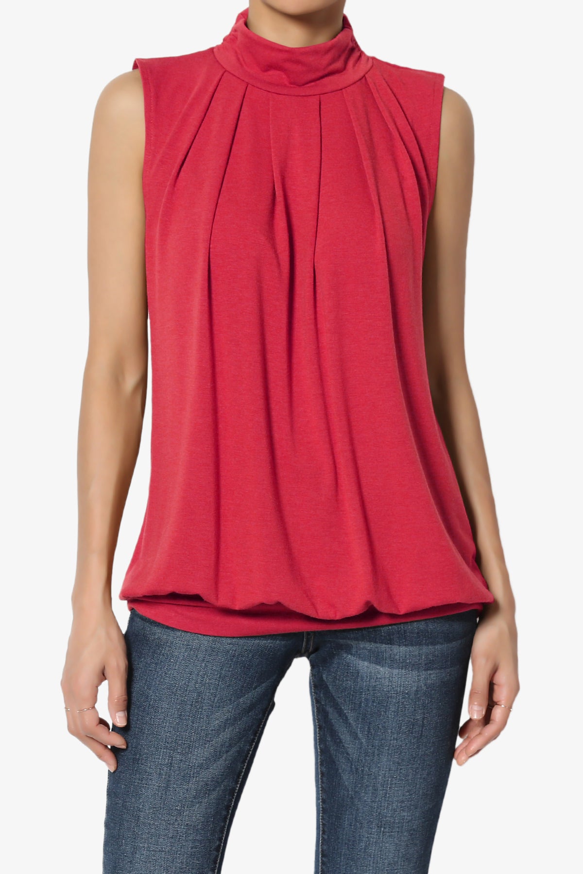 Jibbitz Sleeveless Mock Neck Pleated Top RED_1