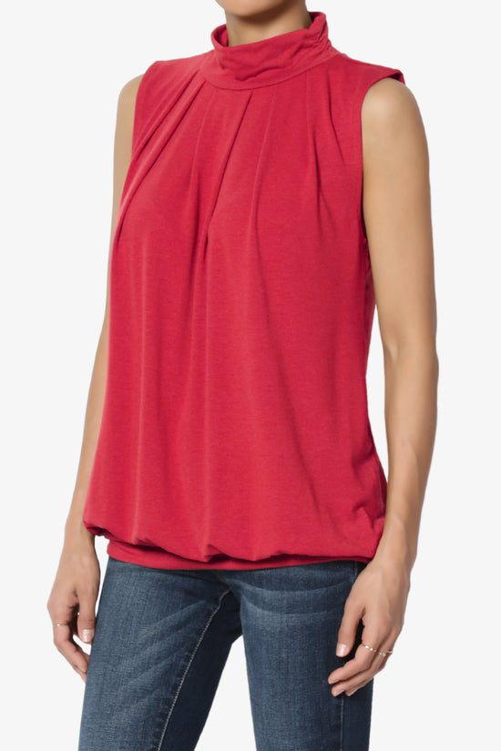 Jibbitz Sleeveless Mock Neck Pleated Top RED_3