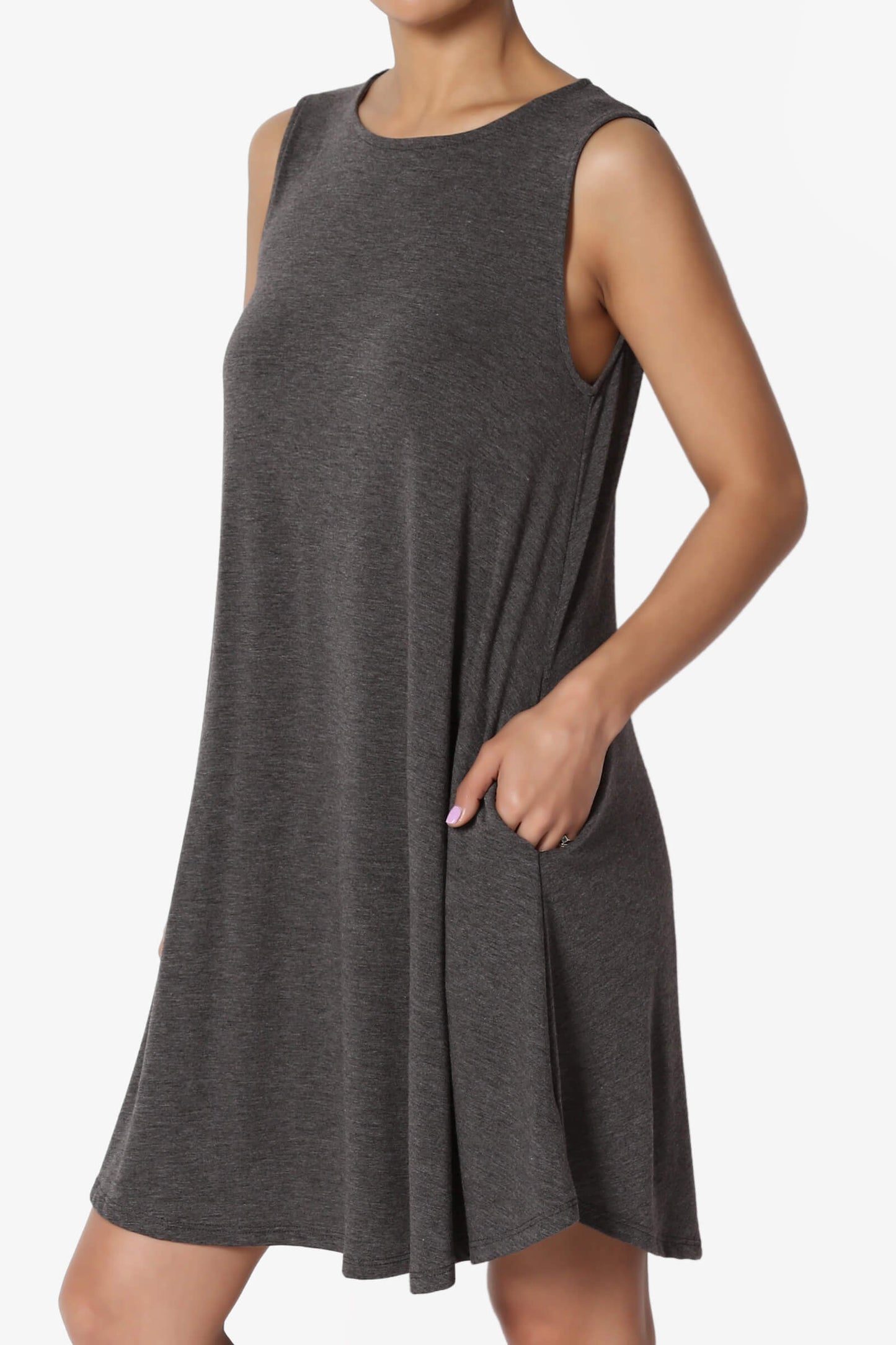 Load image into Gallery viewer, Helana Sleeveless Crew Neck Tunic Dress CHARCOAL_3
