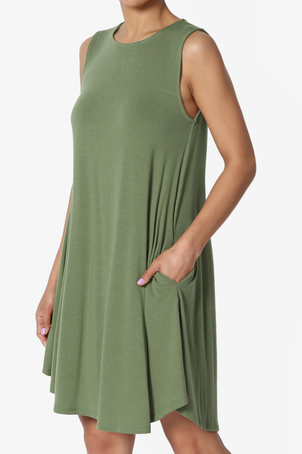 Load image into Gallery viewer, Helana Sleeveless Crew Neck Tunic Dress DUSTY OLIVE_3
