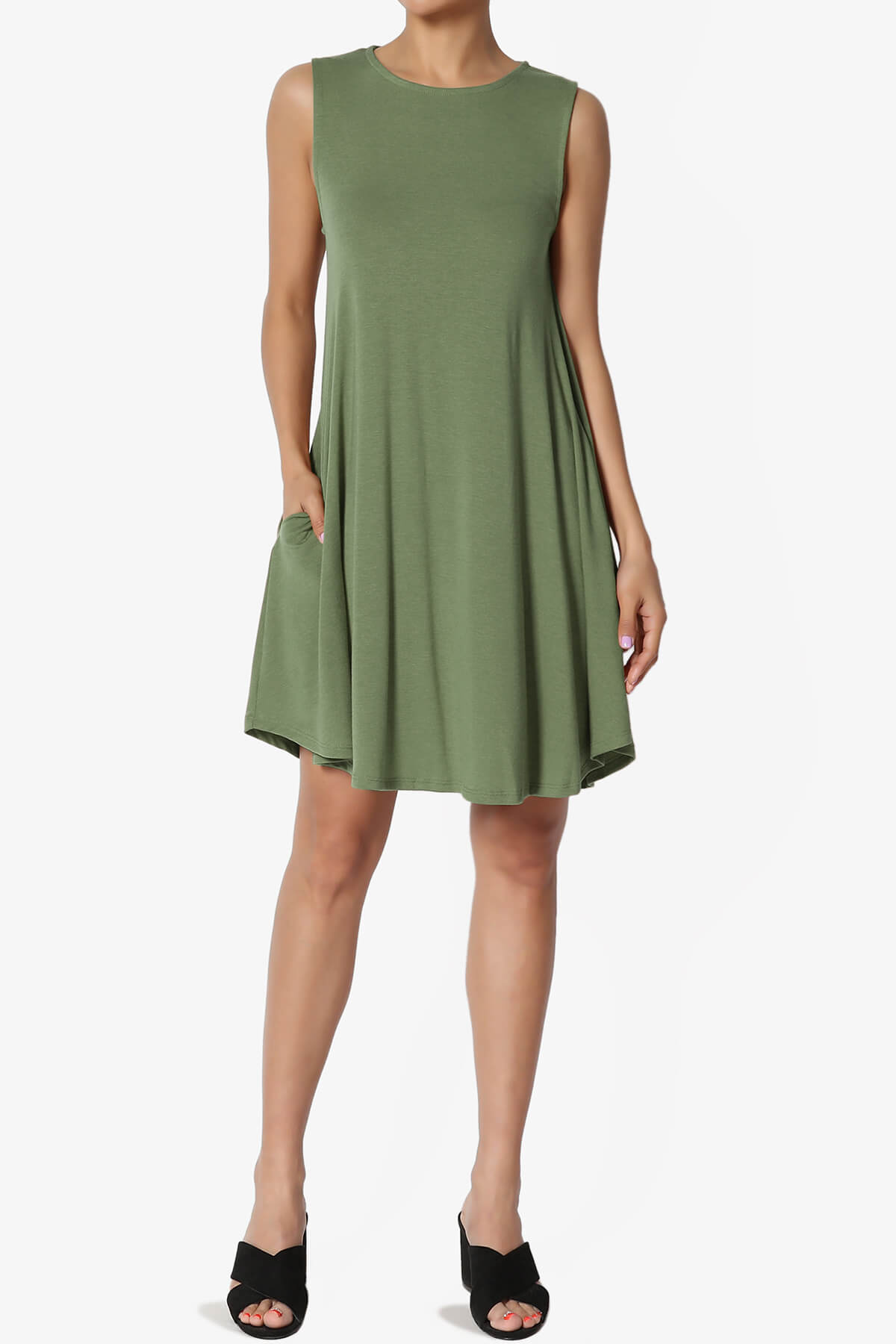 Load image into Gallery viewer, Helana Sleeveless Crew Neck Tunic Dress DUSTY OLIVE_6
