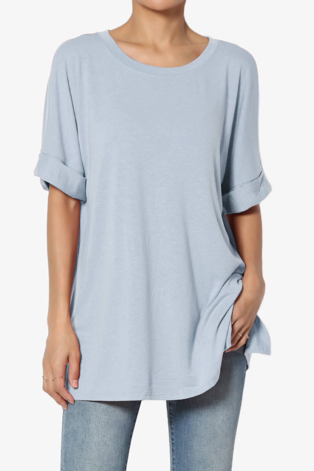 Onella Round Neck Rolled Short Sleeve Top ASH BLUE_1