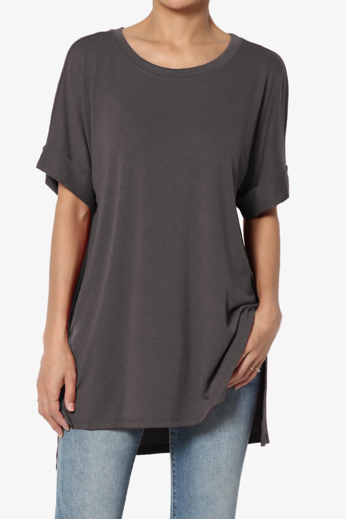 Onella Round Neck Rolled Short Sleeve Top ASH GREY_1