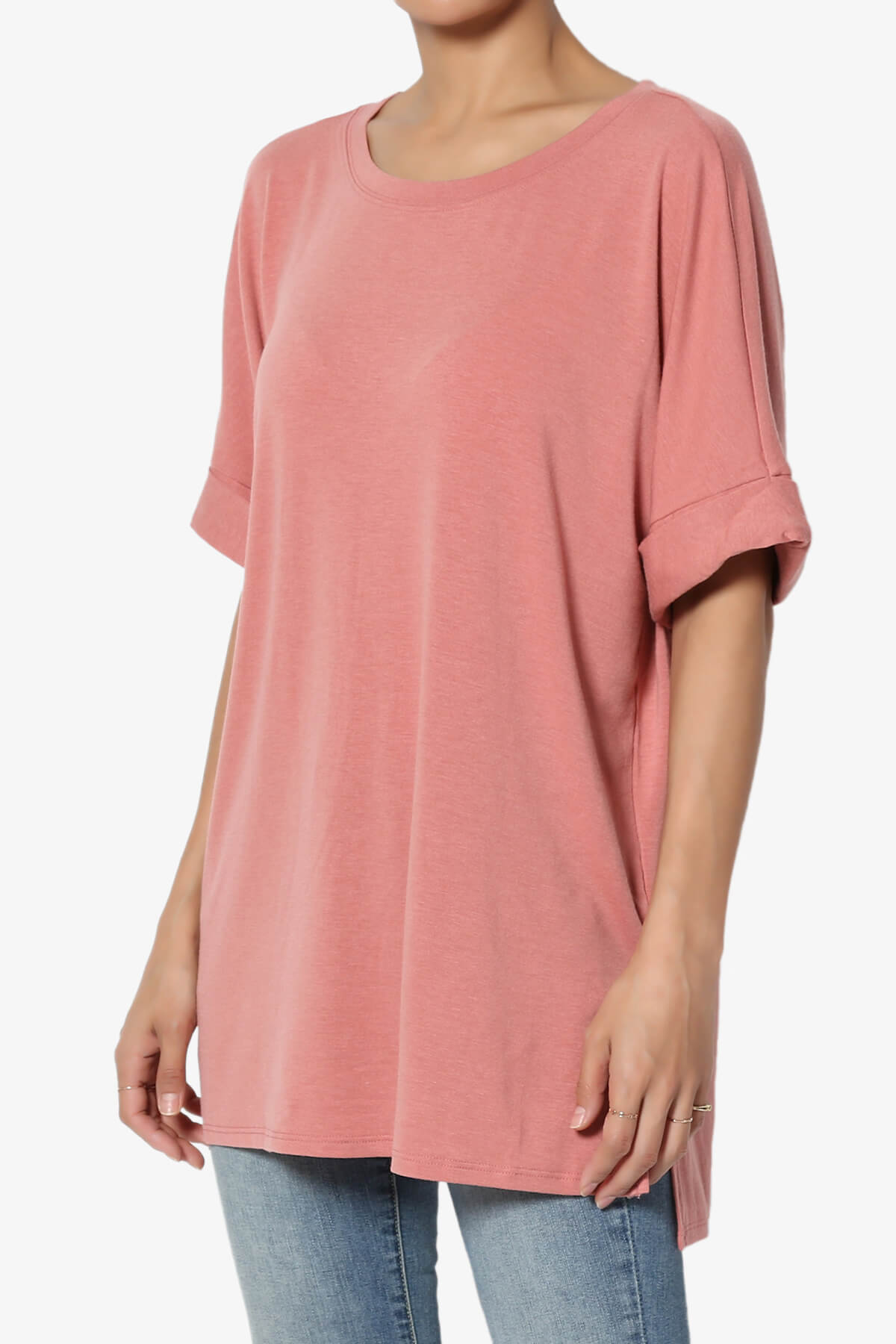 Load image into Gallery viewer, Onella Round Neck Rolled Short Sleeve Top ASH ROSE_3
