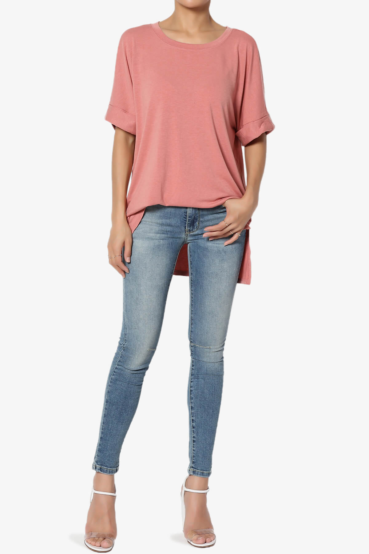 Load image into Gallery viewer, Onella Round Neck Rolled Short Sleeve Top ASH ROSE_6
