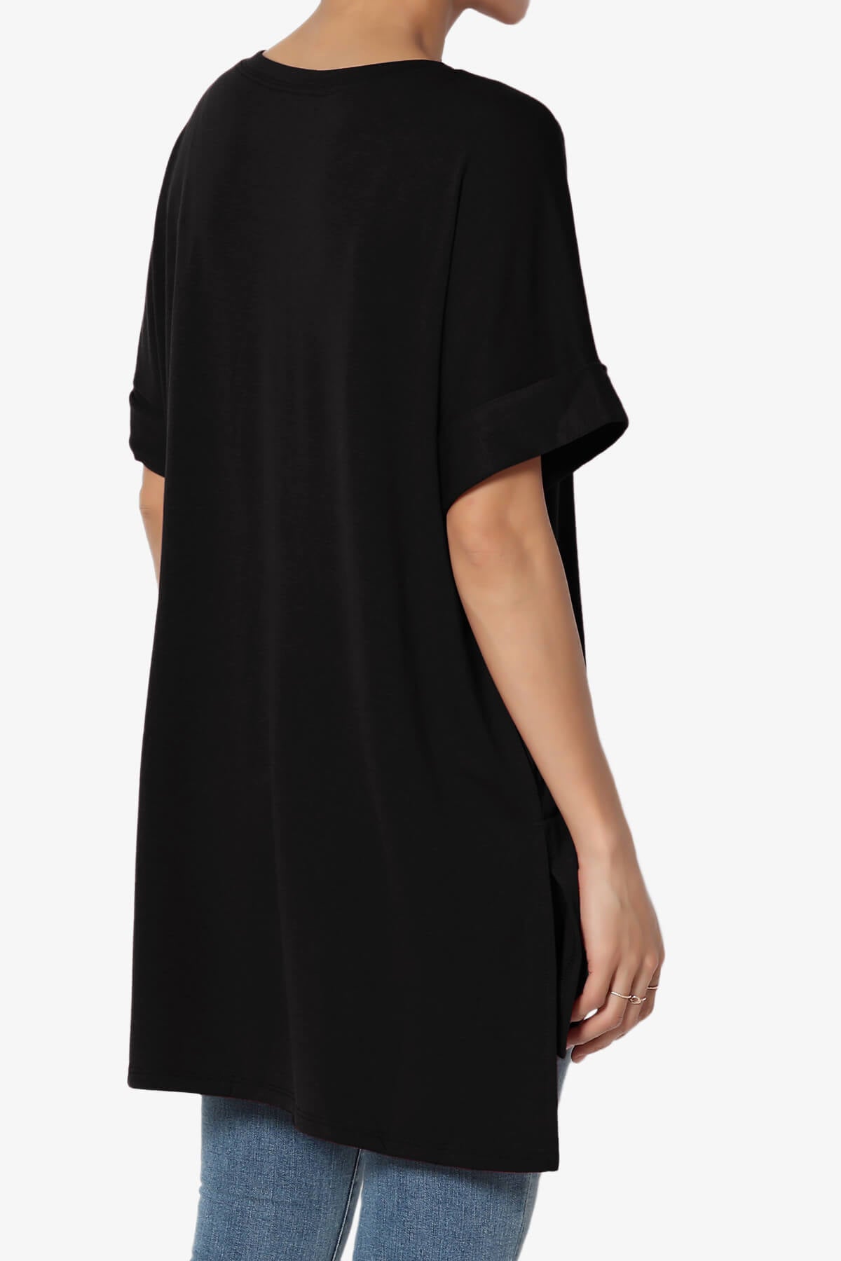 Load image into Gallery viewer, Onella Round Neck Rolled Short Sleeve Top BLACK_4
