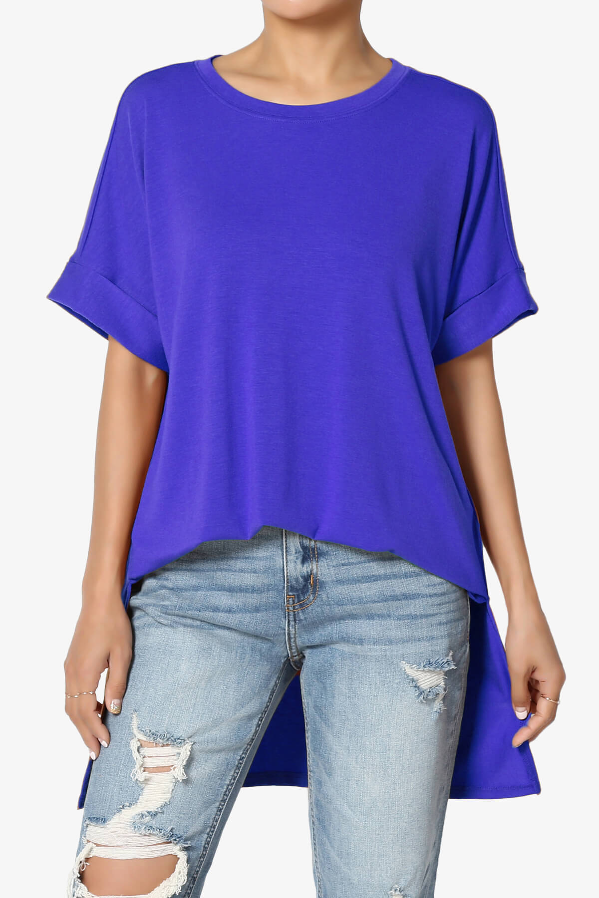 Onella Round Neck Rolled Short Sleeve Top BRIGHT BLUE_1