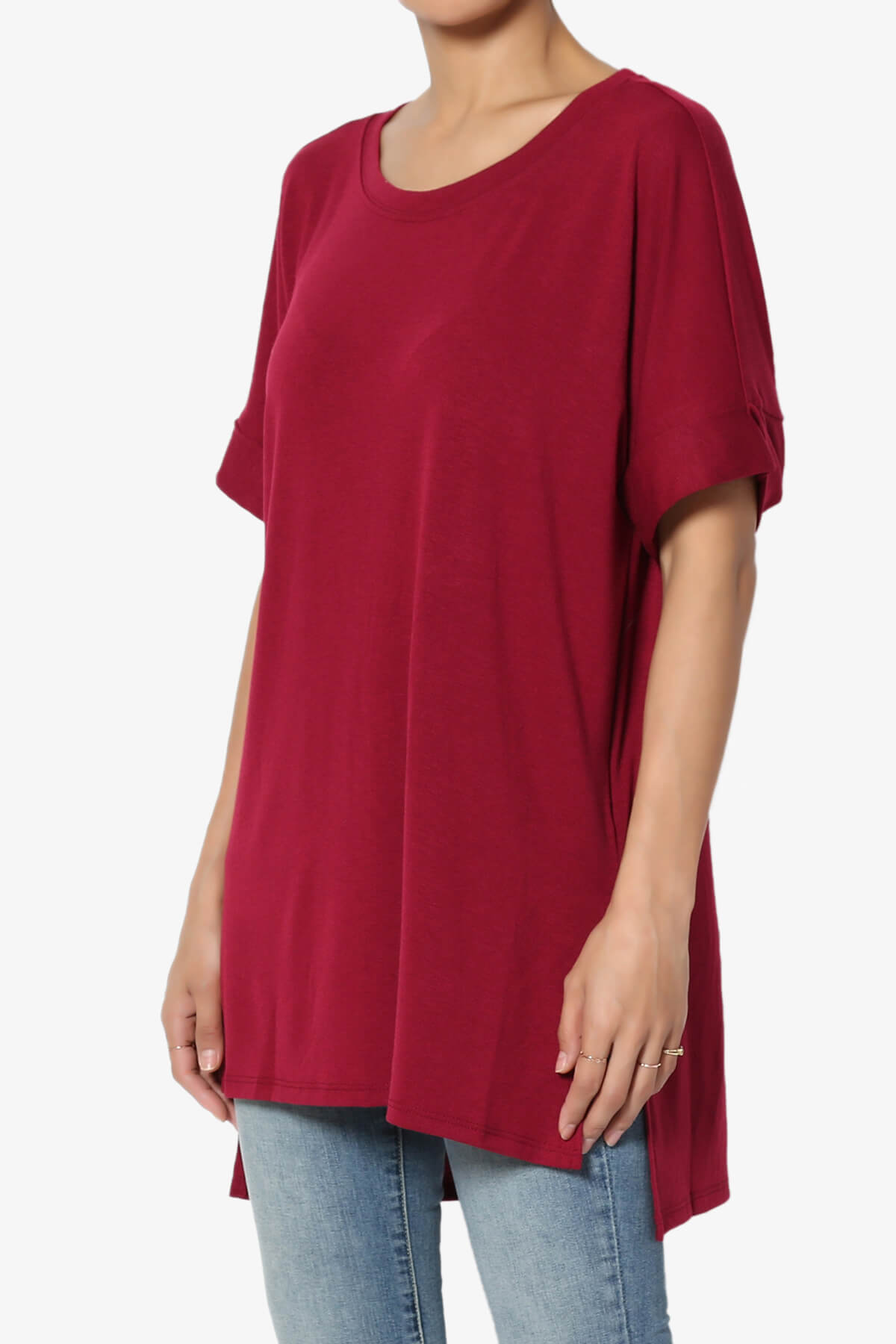 Onella Round Neck Rolled Short Sleeve Top BURGUNDY_3