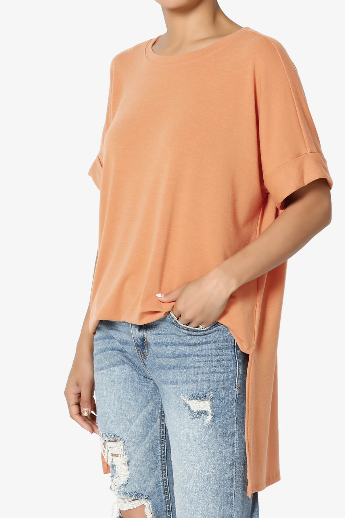Load image into Gallery viewer, Onella Round Neck Rolled Short Sleeve Top BUTTER ORANGE_3
