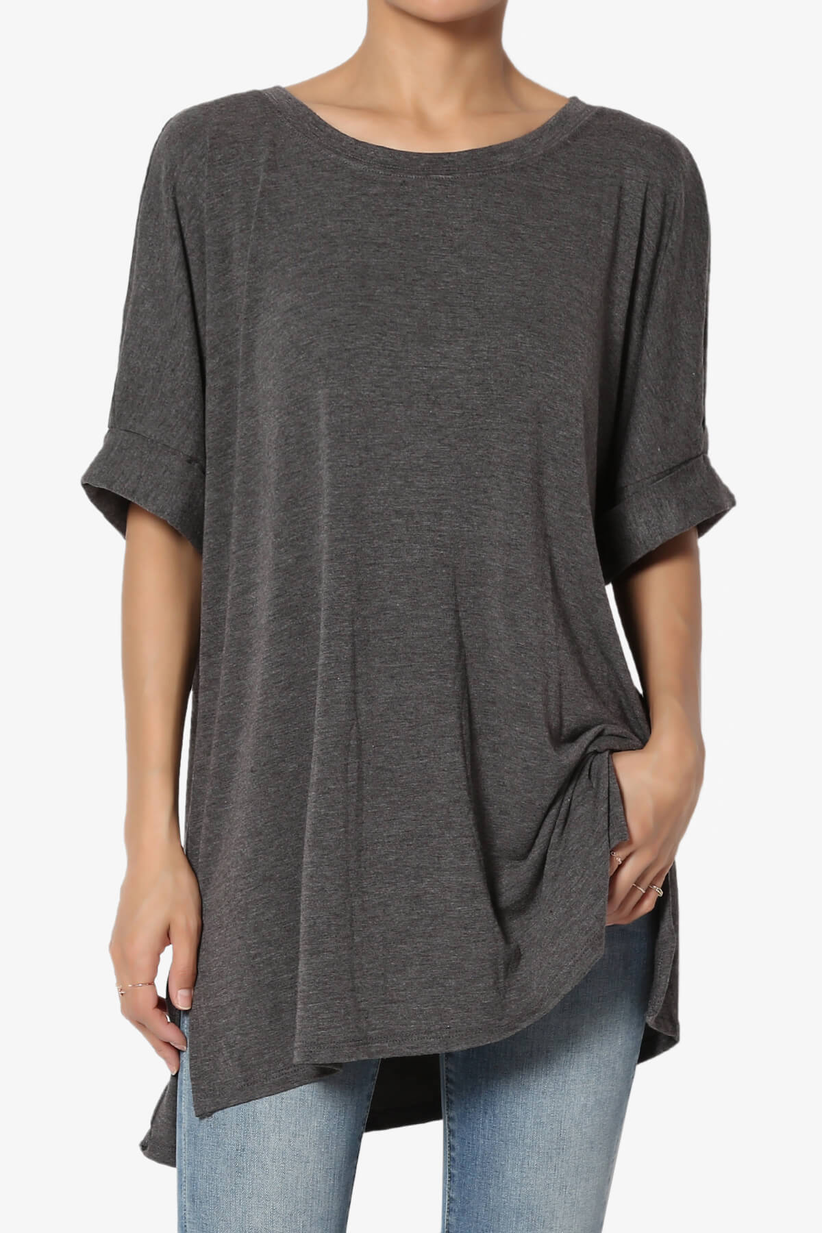 Onella Round Neck Rolled Short Sleeve Top CHARCOAL_1
