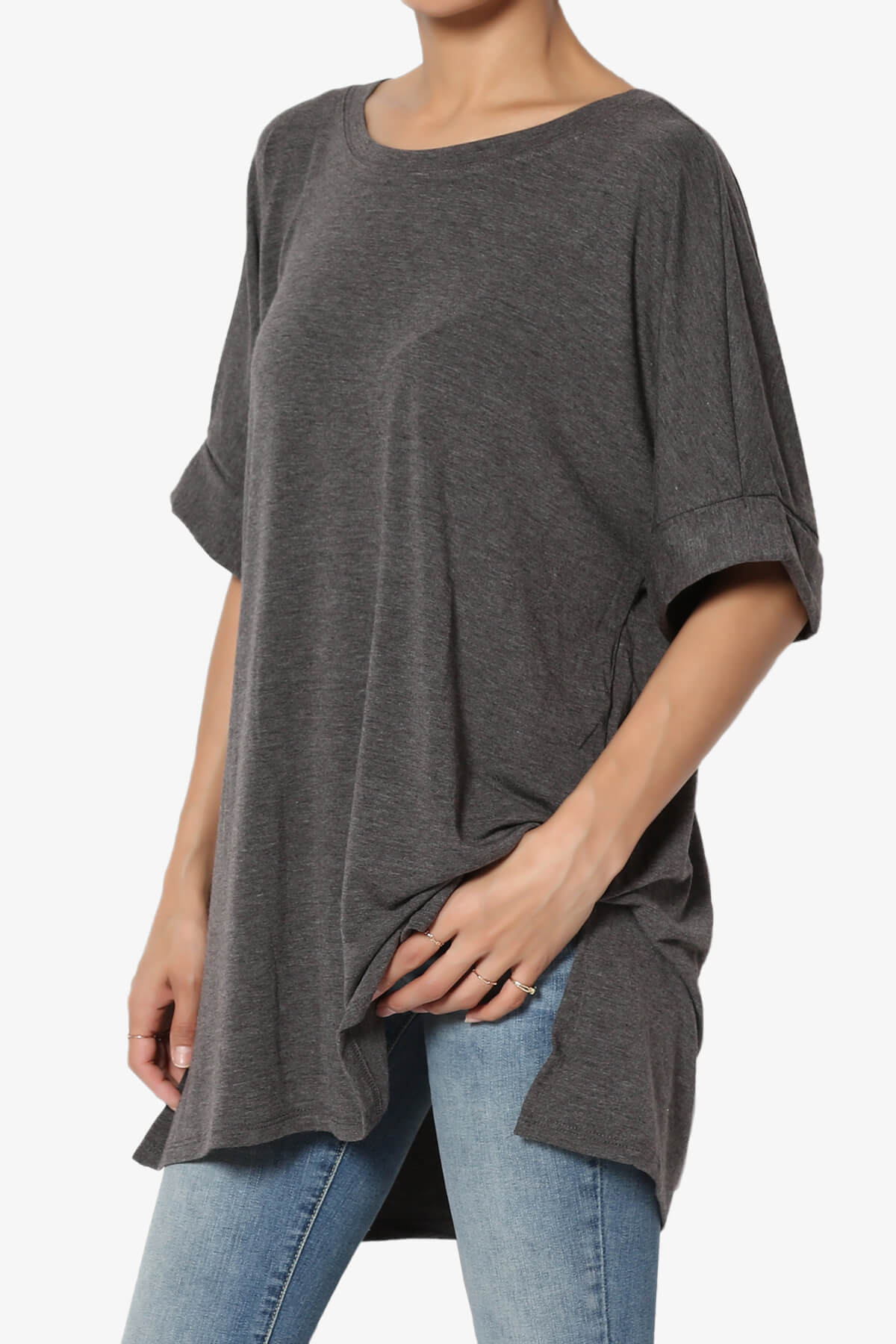 Onella Round Neck Rolled Short Sleeve Top CHARCOAL_3