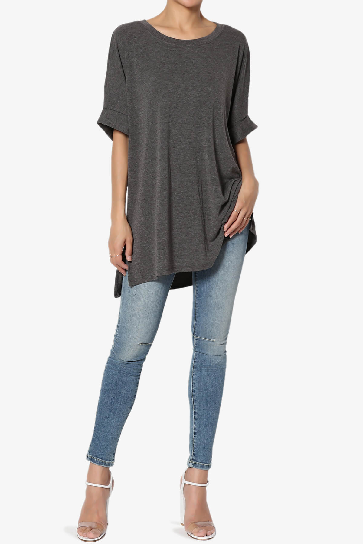 Load image into Gallery viewer, Onella Round Neck Rolled Short Sleeve Top CHARCOAL_6
