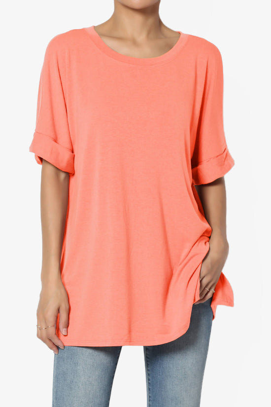 Onella Round Neck Rolled Short Sleeve Top CORAL_1