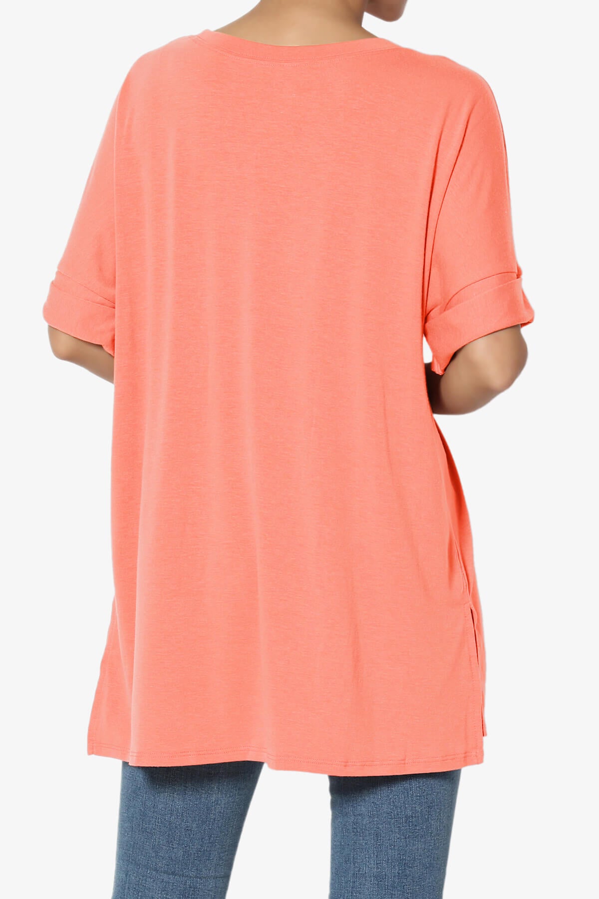 Onella Round Neck Rolled Short Sleeve Top CORAL_2