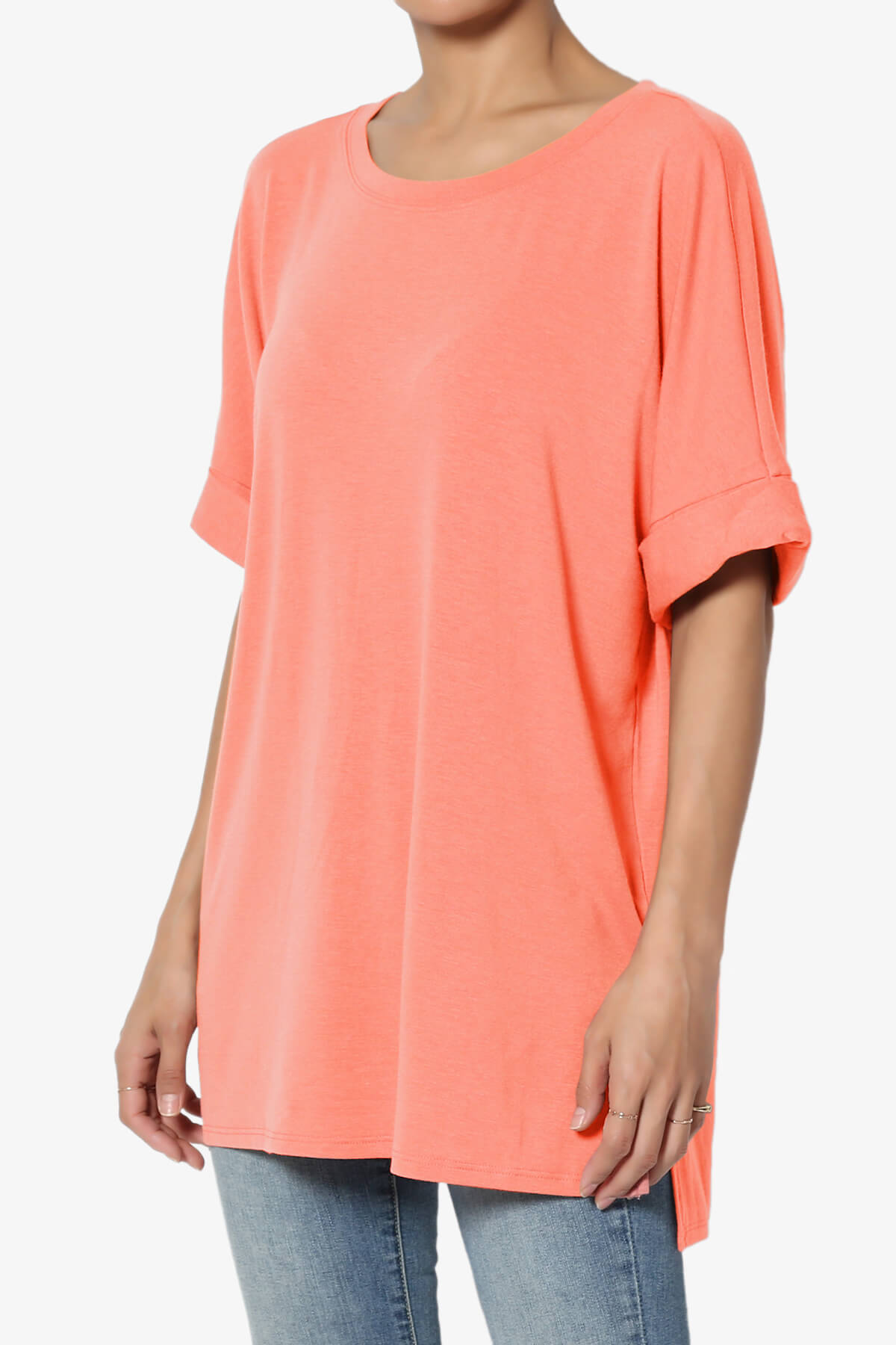 Onella Round Neck Rolled Short Sleeve Top CORAL_3