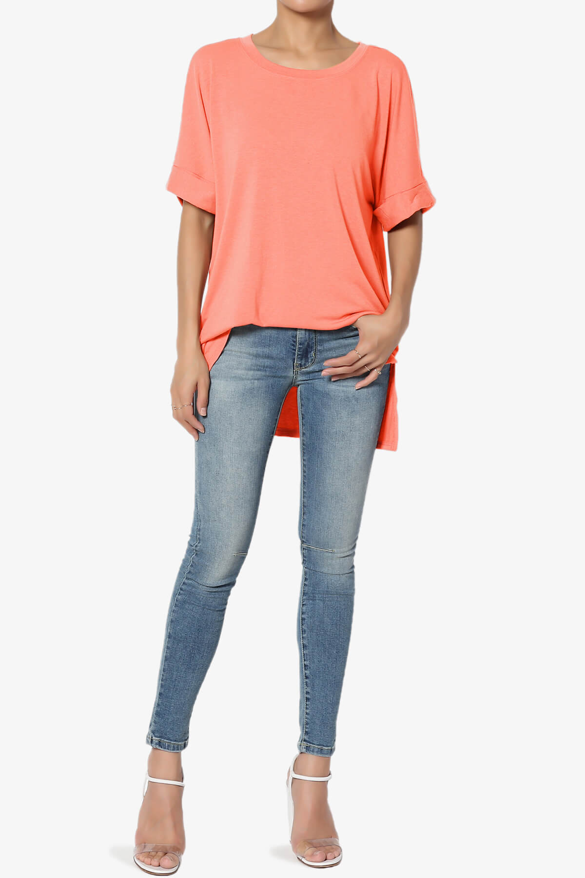 Onella Round Neck Rolled Short Sleeve Top CORAL_6
