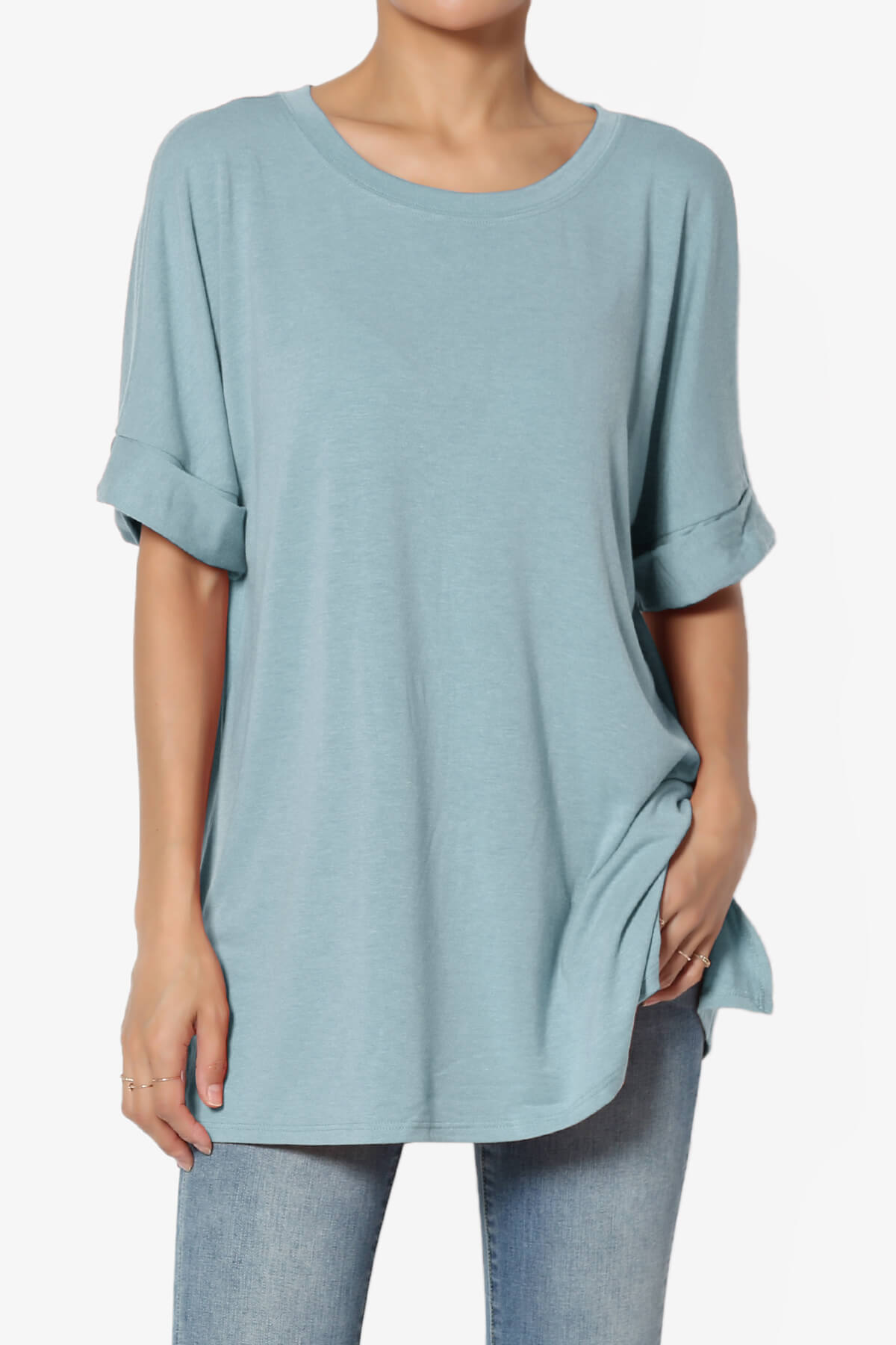 Onella Round Neck Rolled Short Sleeve Top DUSTY BLUE_1