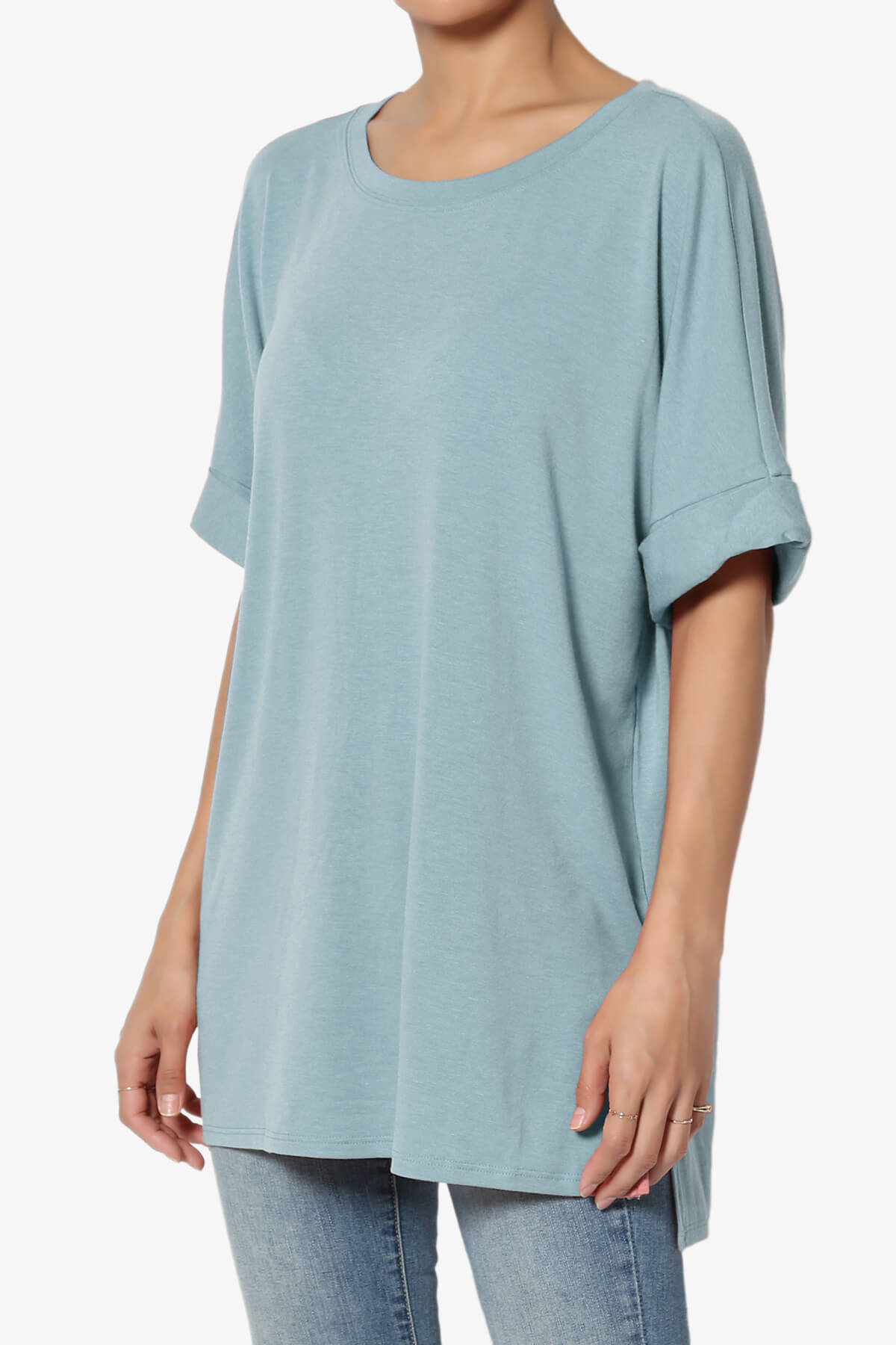 Onella Round Neck Rolled Short Sleeve Top DUSTY BLUE_3