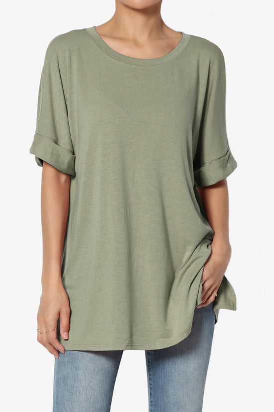 Onella Round Neck Rolled Short Sleeve Top DUSTY OLIVE_1
