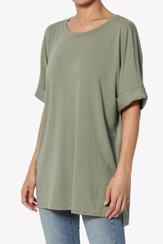 Onella Round Neck Rolled Short Sleeve Top DUSTY OLIVE_3