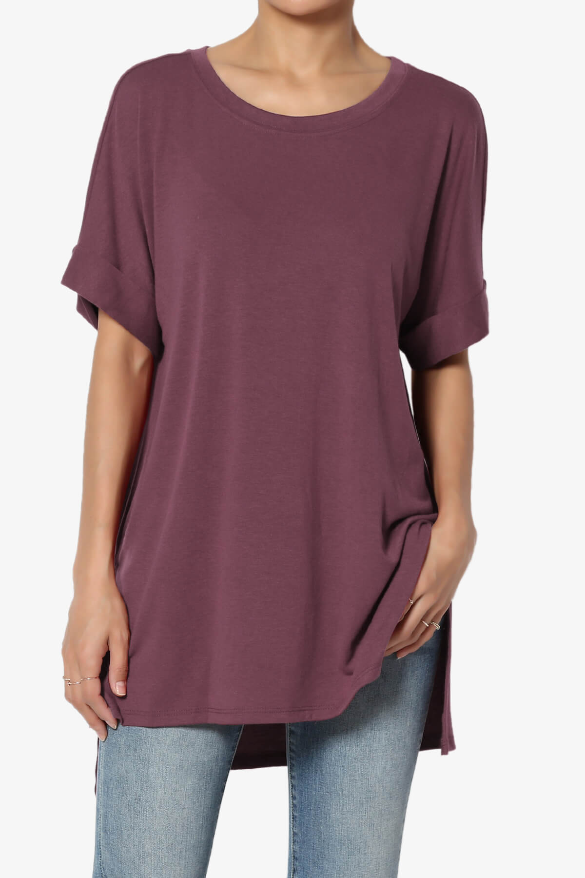 Onella Round Neck Rolled Short Sleeve Top DUSTY PLUM_1