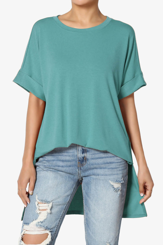 Onella Round Neck Rolled Short Sleeve Top DUSTY TEAL_1