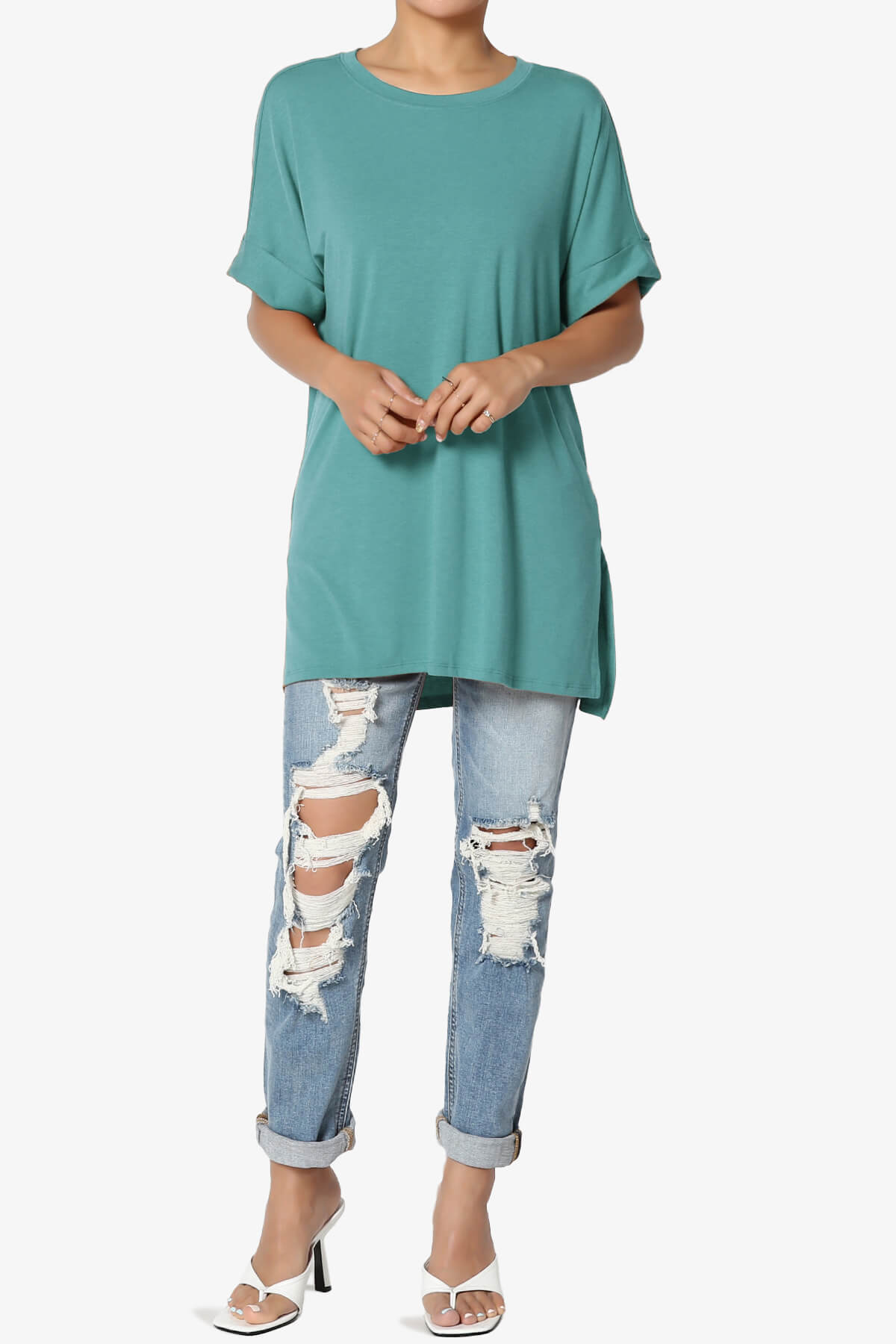 Onella Round Neck Rolled Short Sleeve Top DUSTY TEAL_6