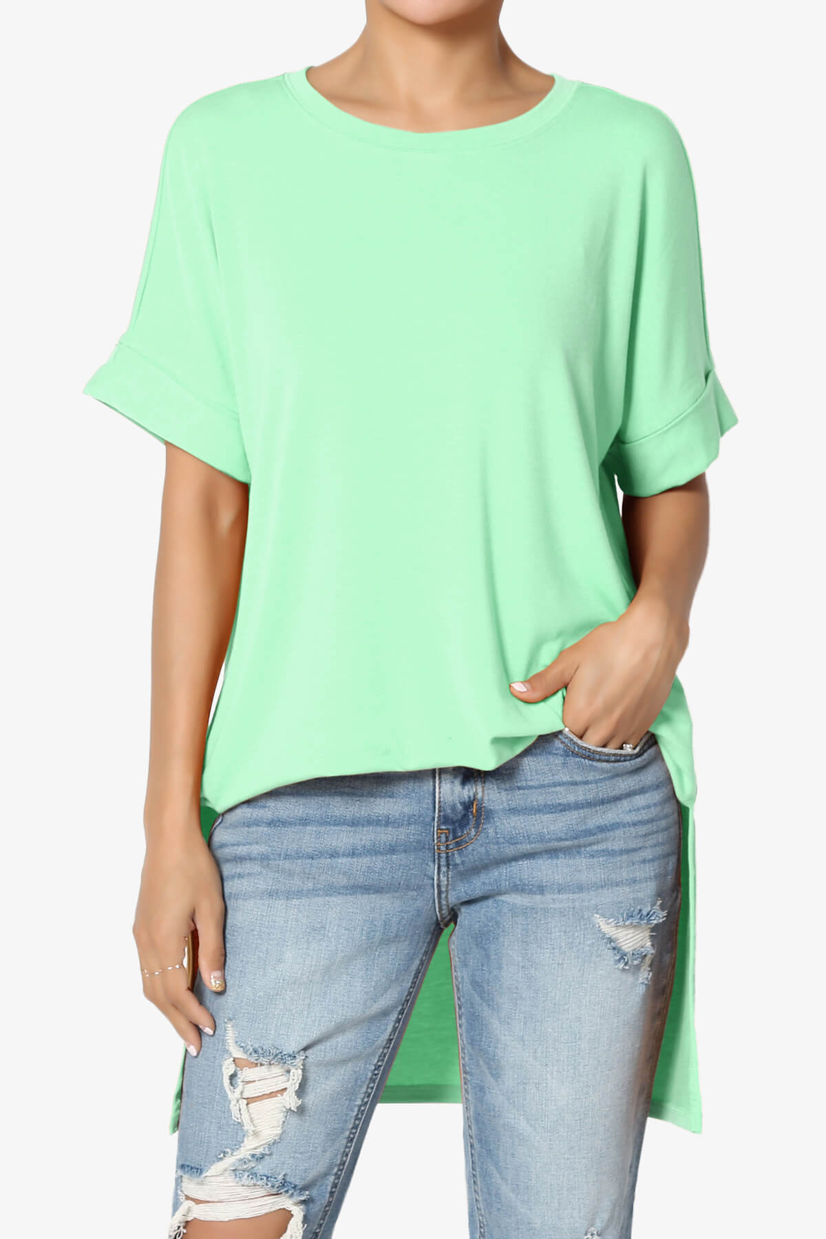 Onella Round Neck Rolled Short Sleeve Top GREEN MINT_1