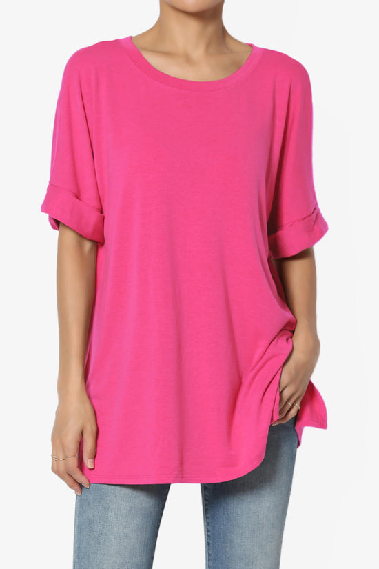 Onella Round Neck Rolled Short Sleeve Top HOT PINK_1