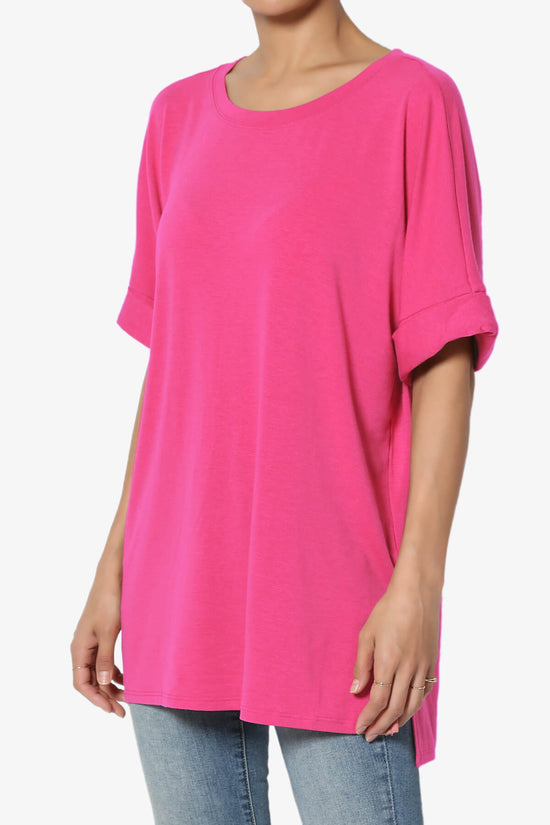 Onella Round Neck Rolled Short Sleeve Top HOT PINK_3