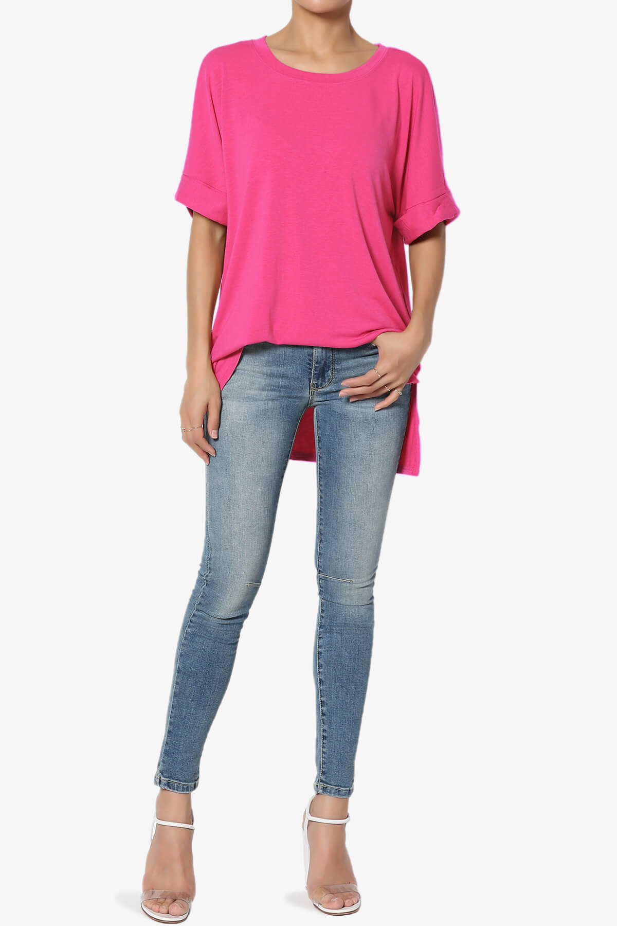 Load image into Gallery viewer, Onella Round Neck Rolled Short Sleeve Top HOT PINK_6
