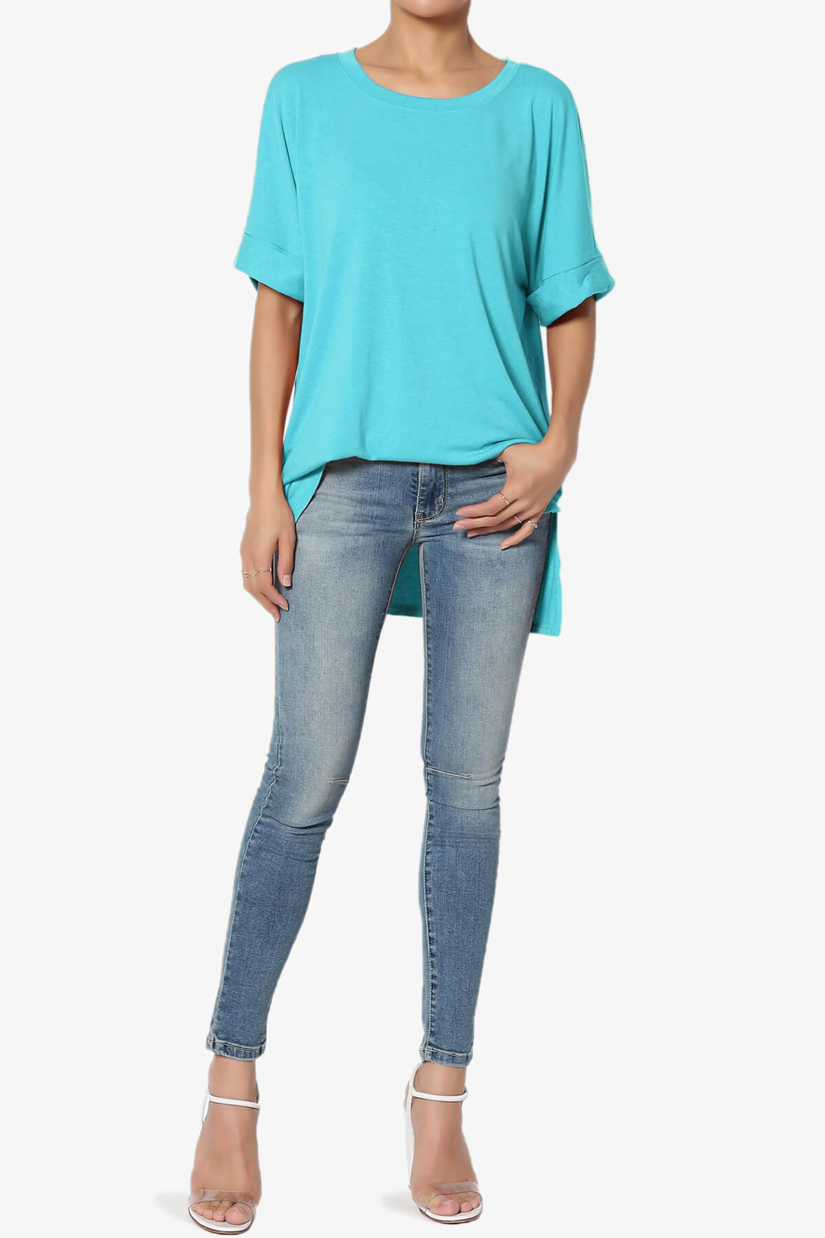 Load image into Gallery viewer, Onella Round Neck Rolled Short Sleeve Top ICE BLUE_6
