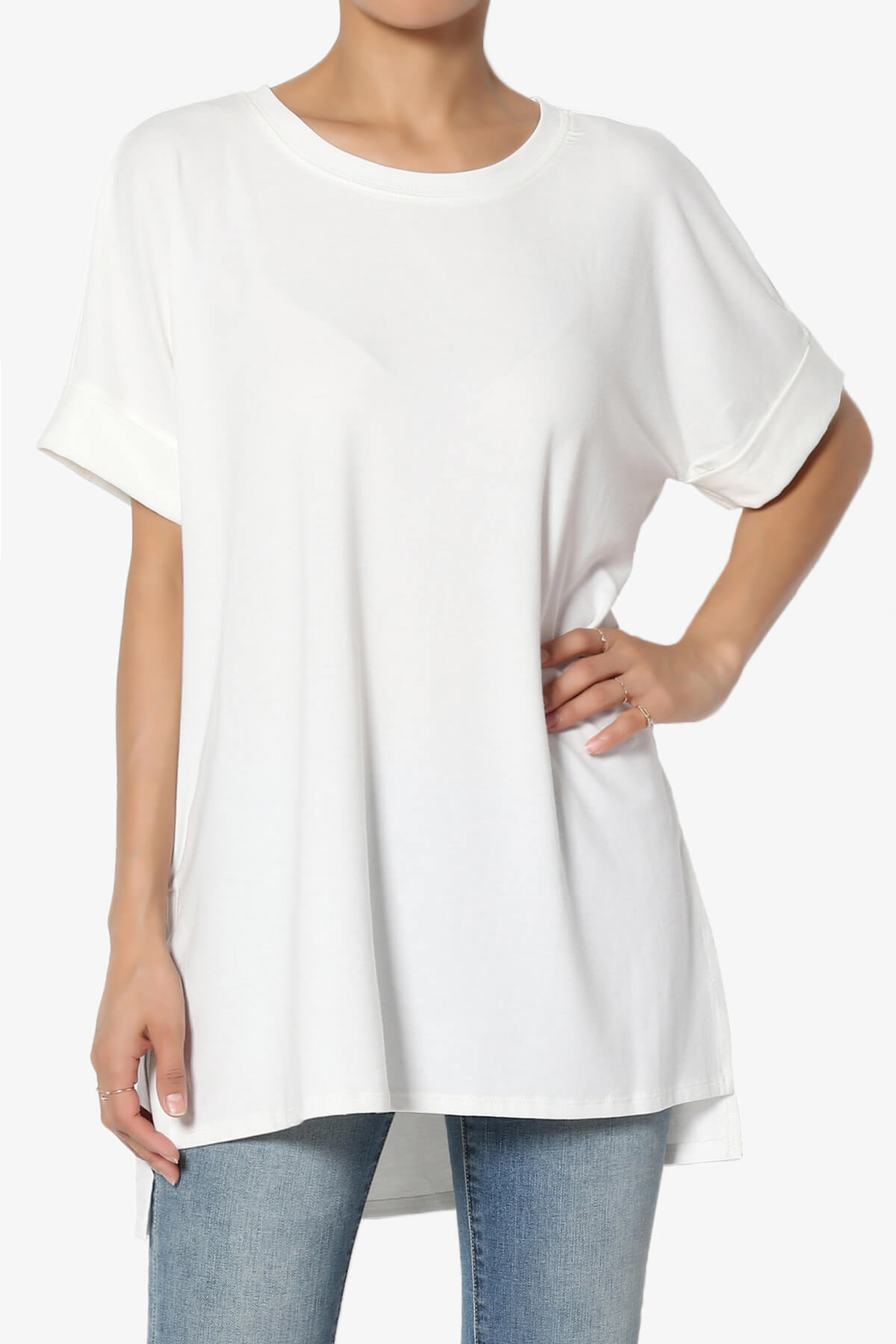 Onella Round Neck Rolled Short Sleeve Top IVORY_1